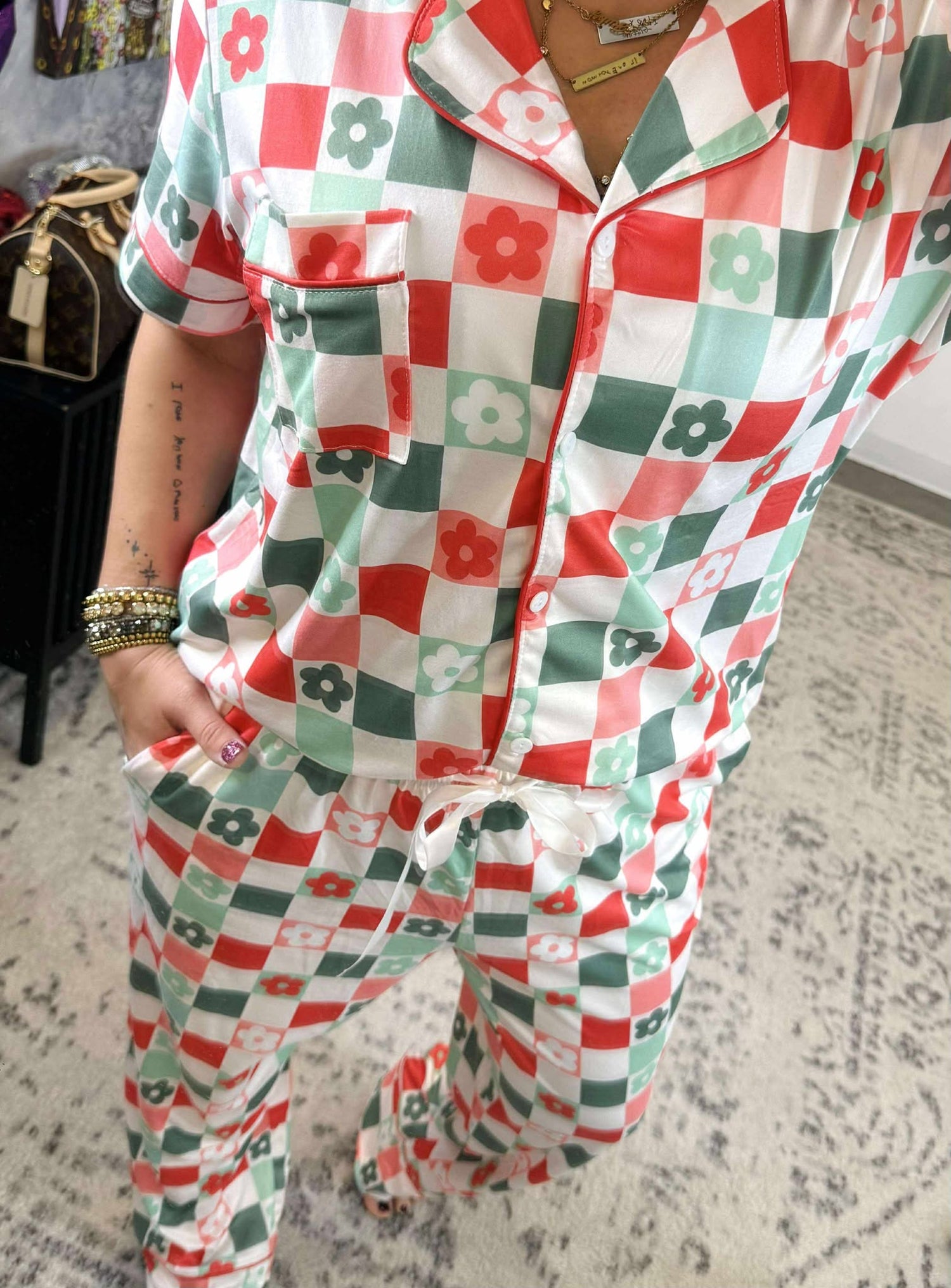 Pajama Set - Button Down - Checkered Floral {XS-3X}