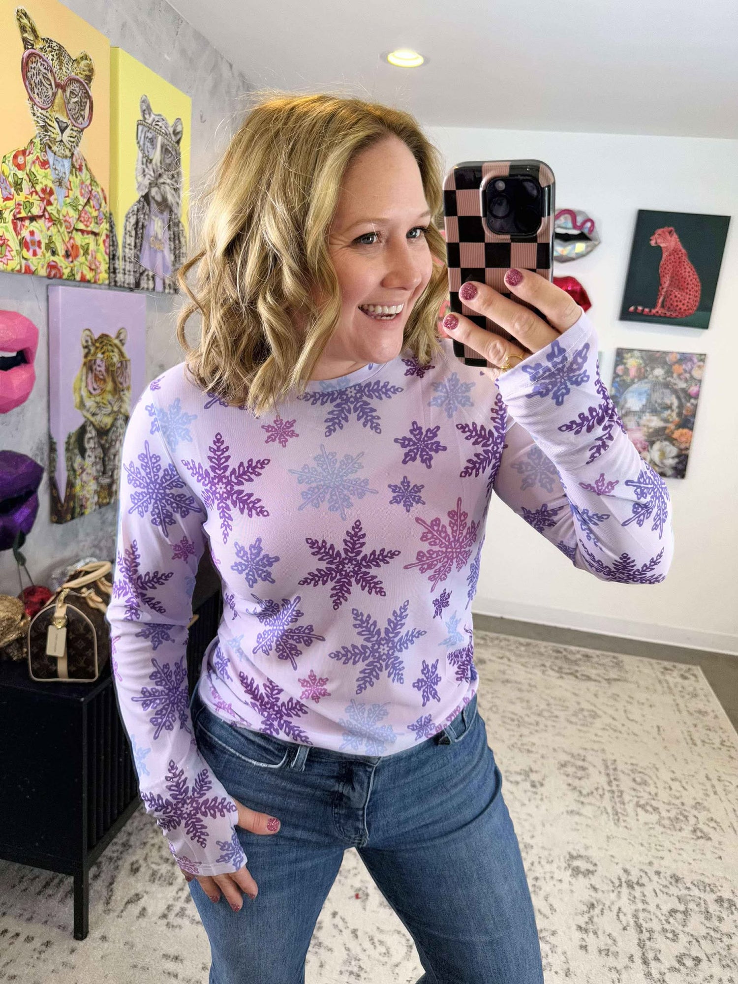 Long Sleeve Mesh Top in Purple Snowflakes {S-3X}