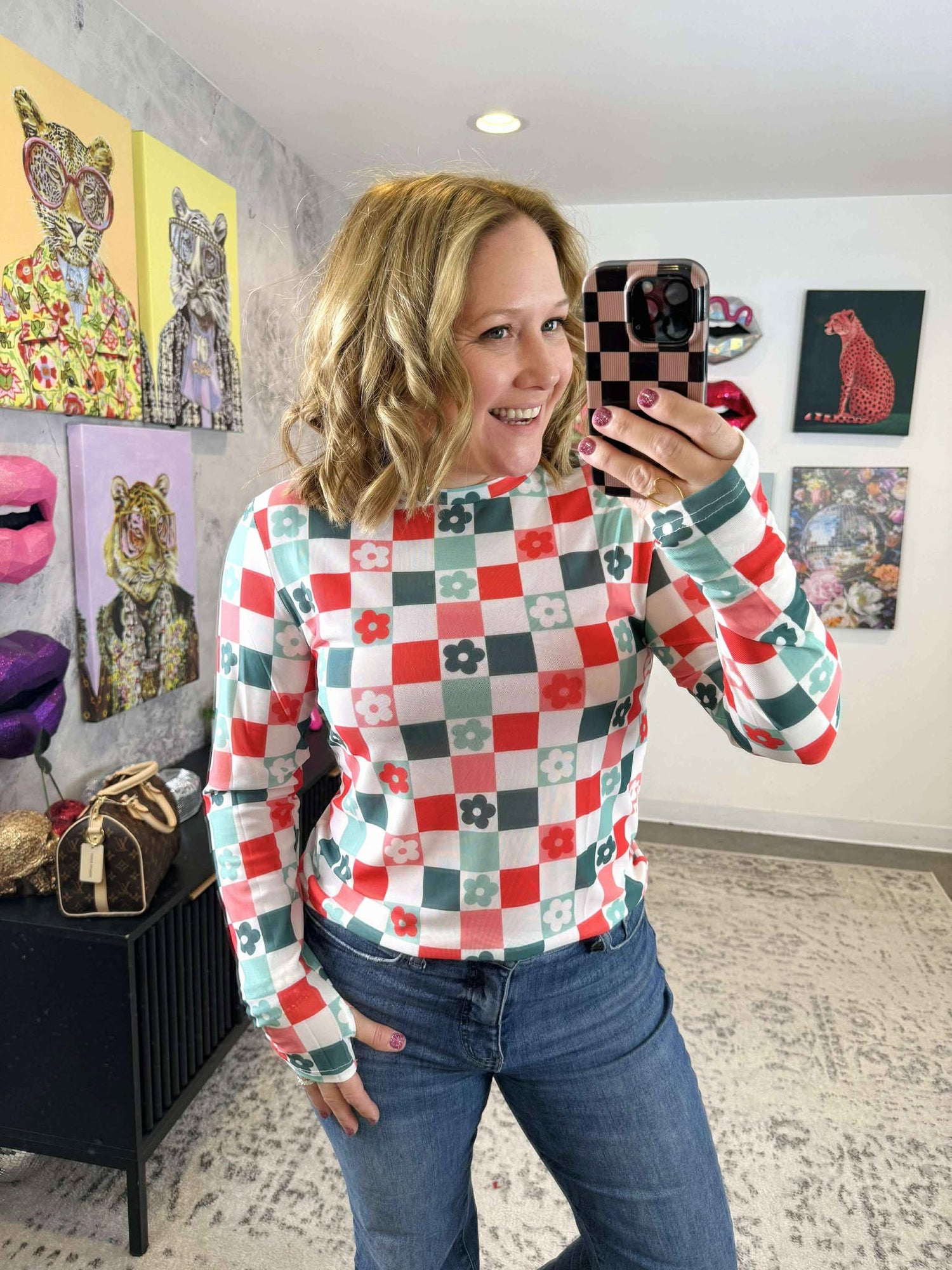 Long Sleeve Mesh Top in Checkered Floral {S-3X}