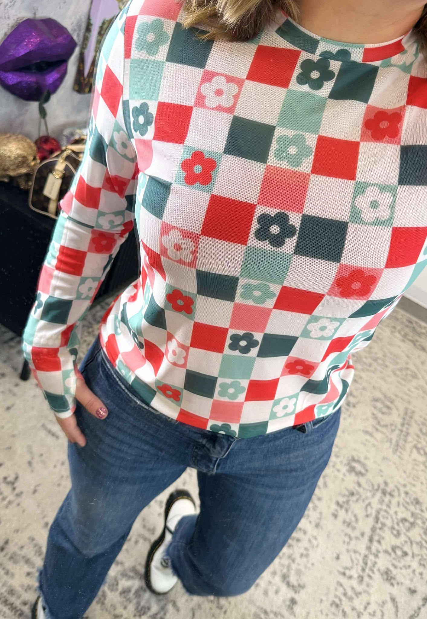 Long Sleeve Mesh Top in Checkered Floral {S-3X}