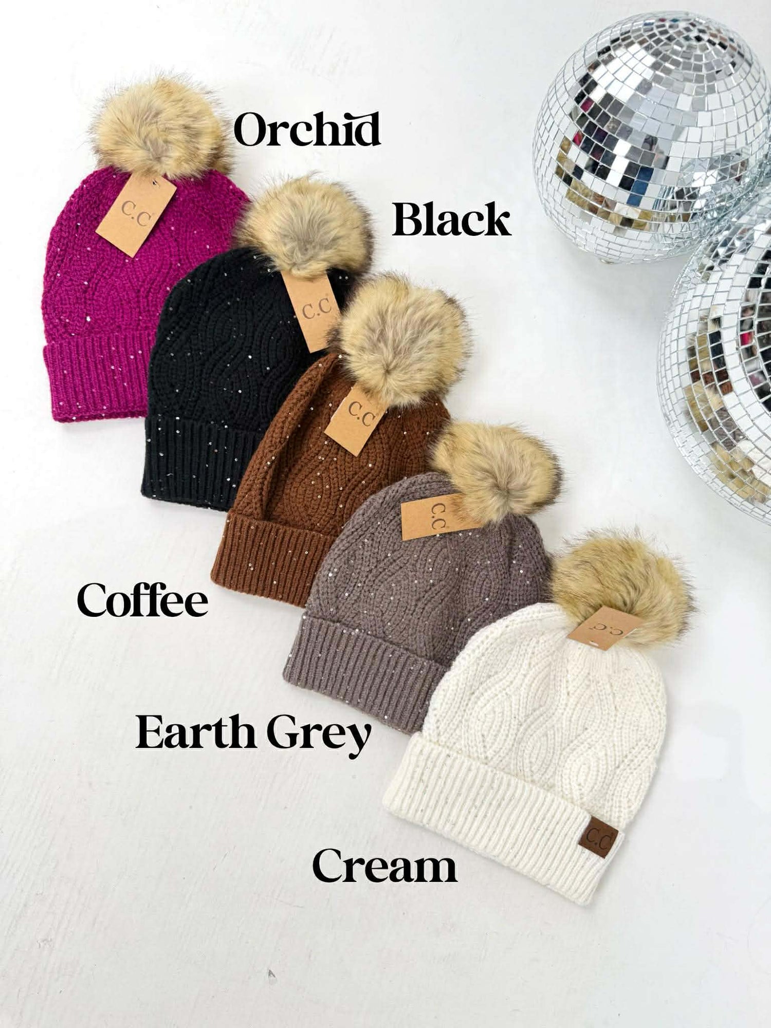 PINK DOORBUSTER! Sequin Brioche Cable Knit Fur Pom CC Beanie - Multiple Colors! - KaraMarie