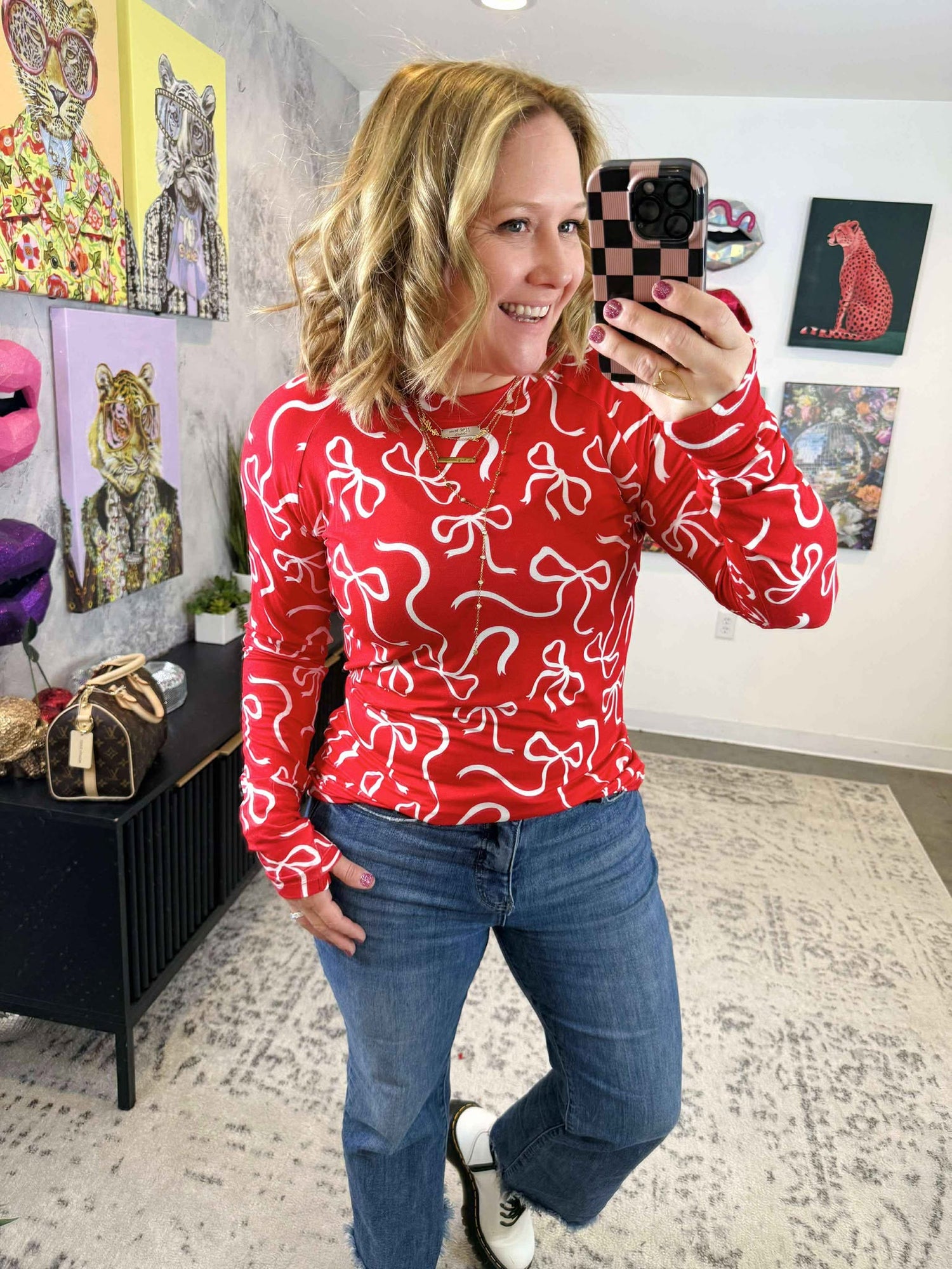 MM Blair Long Sleeve Top - Red & White Ribbons {S-3X}