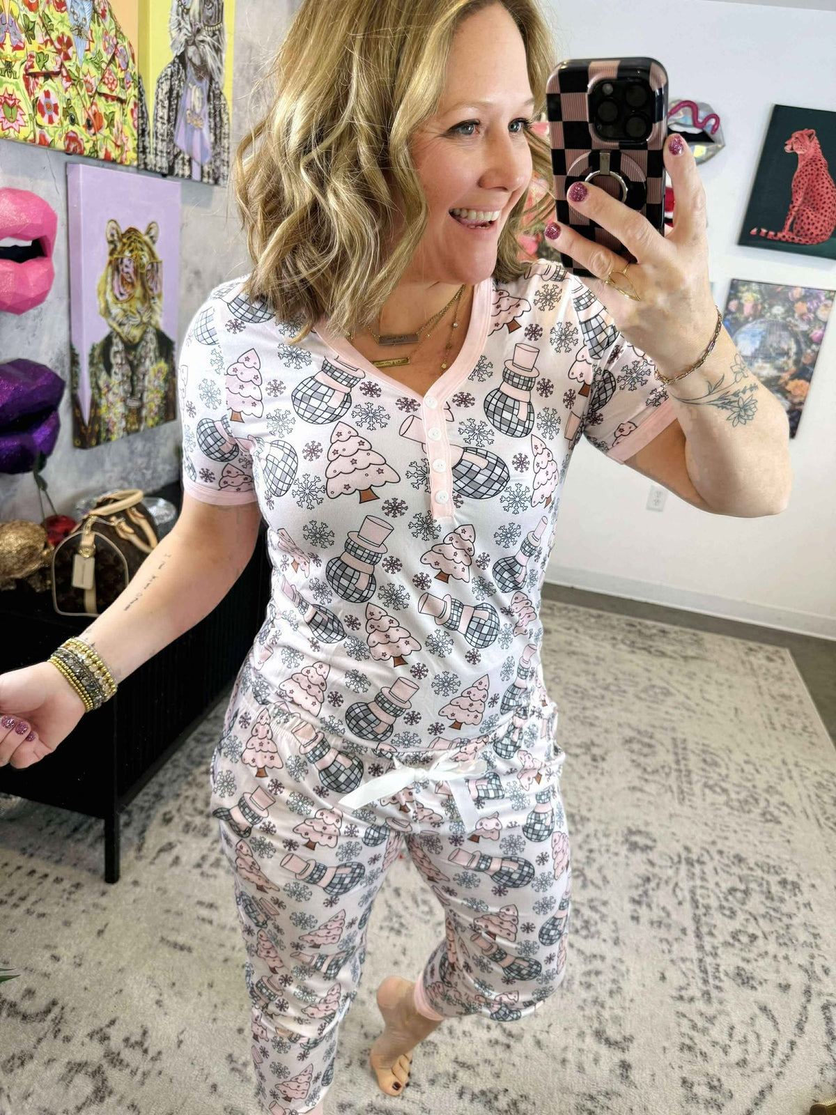 Pajama Set - Short Sleeve - Disco Snowman {S-3X} - KaraMarie