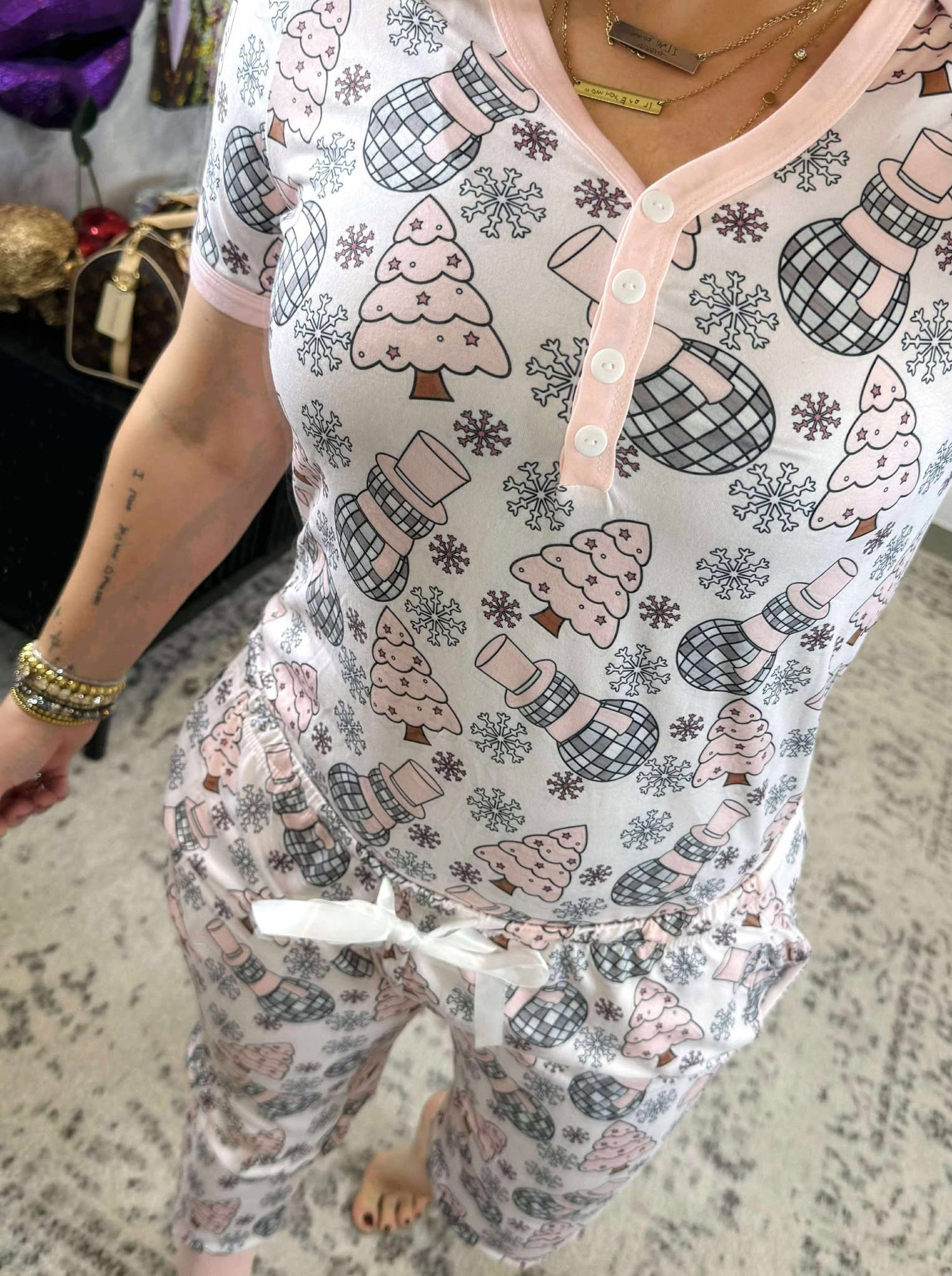 Pajama Set - Short Sleeve - Disco Snowman {S-3X} - KaraMarie