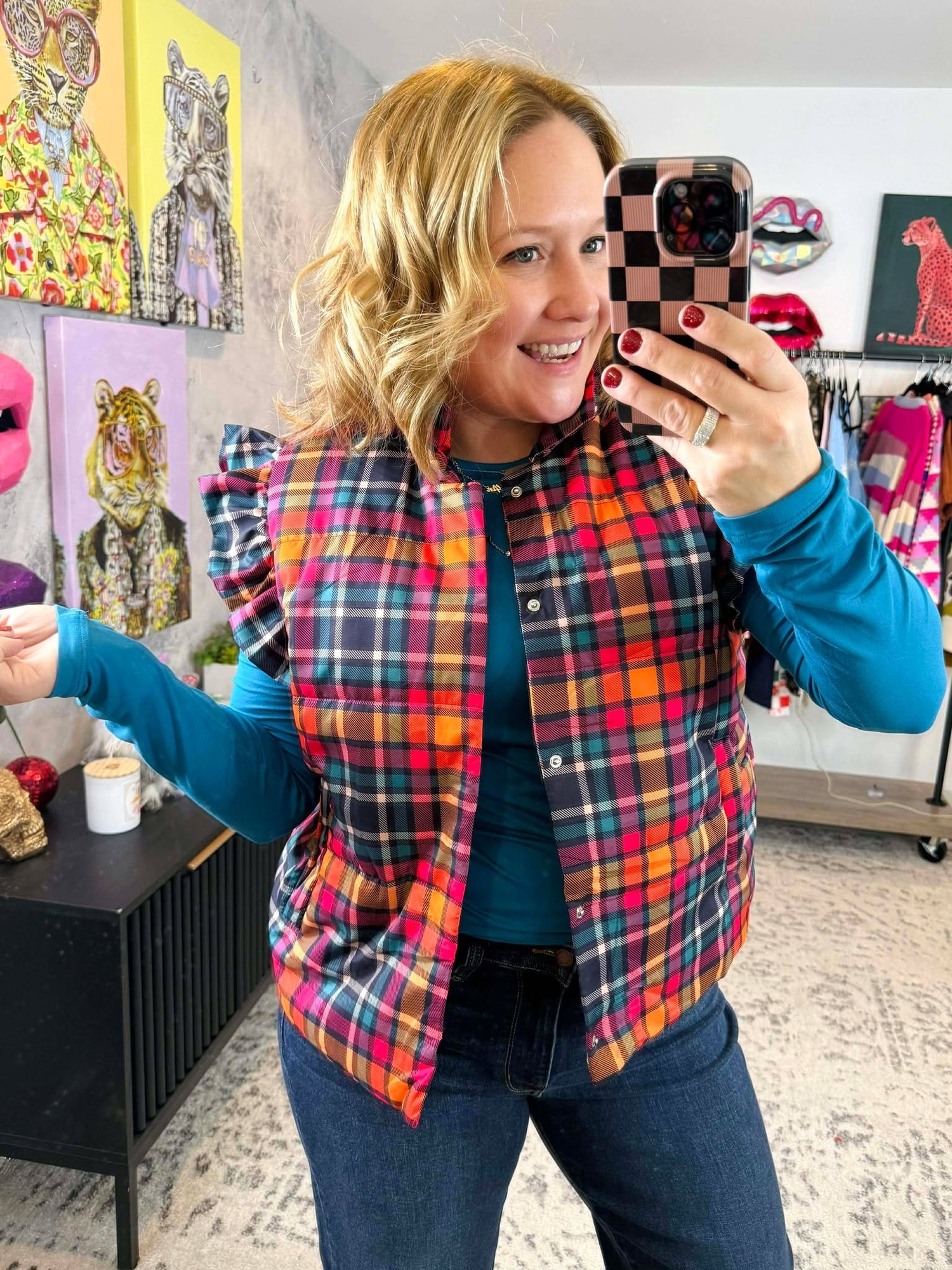 Patterned In Plaid Puffer Vest {S-3X}