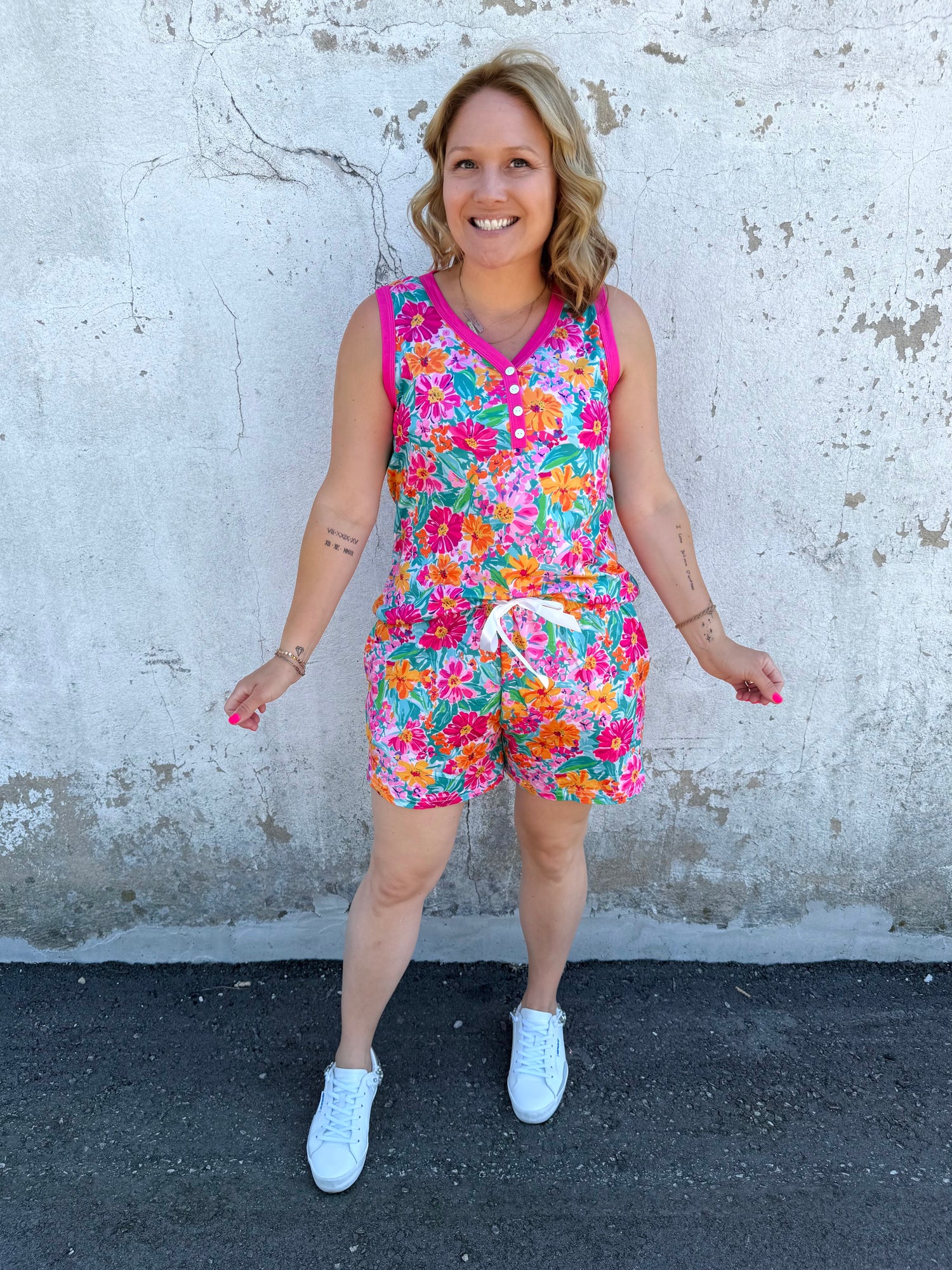 Pajama Set - Sleeveless & Shorts - Bright Floral {XS-3X}