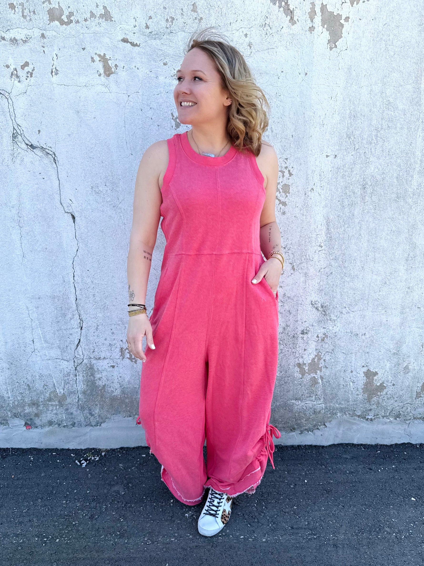 Stylish Ruched Detail Jumpsuit in Pink {S-3X} - KaraMarie
