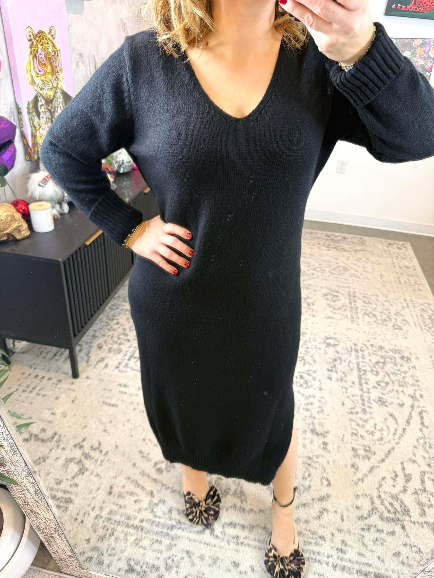 Midnight V-Neck Sweater Dress {S-L}
