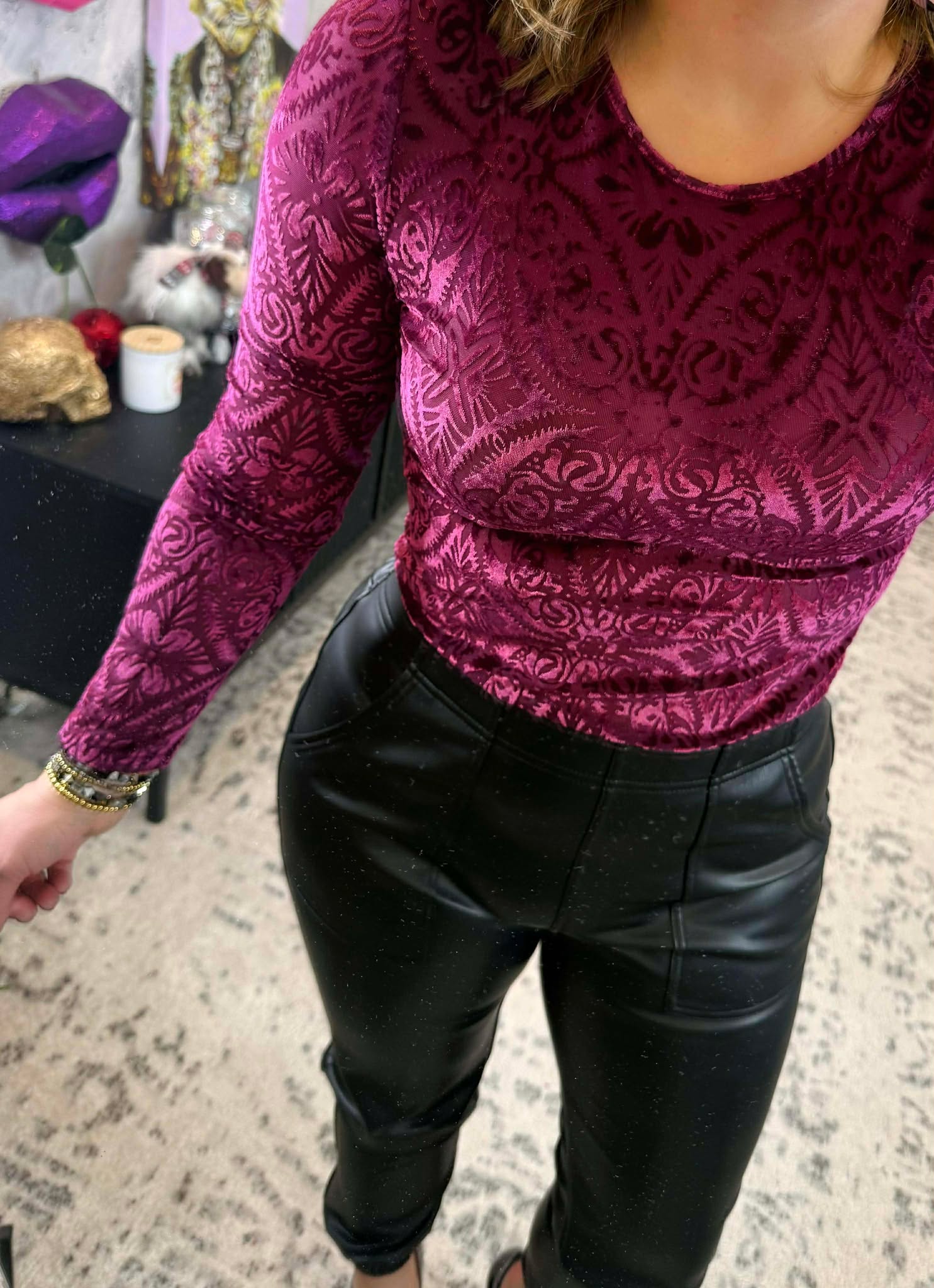 Micha Mesh & Velvet Bodysuit in Plum {S-3X}