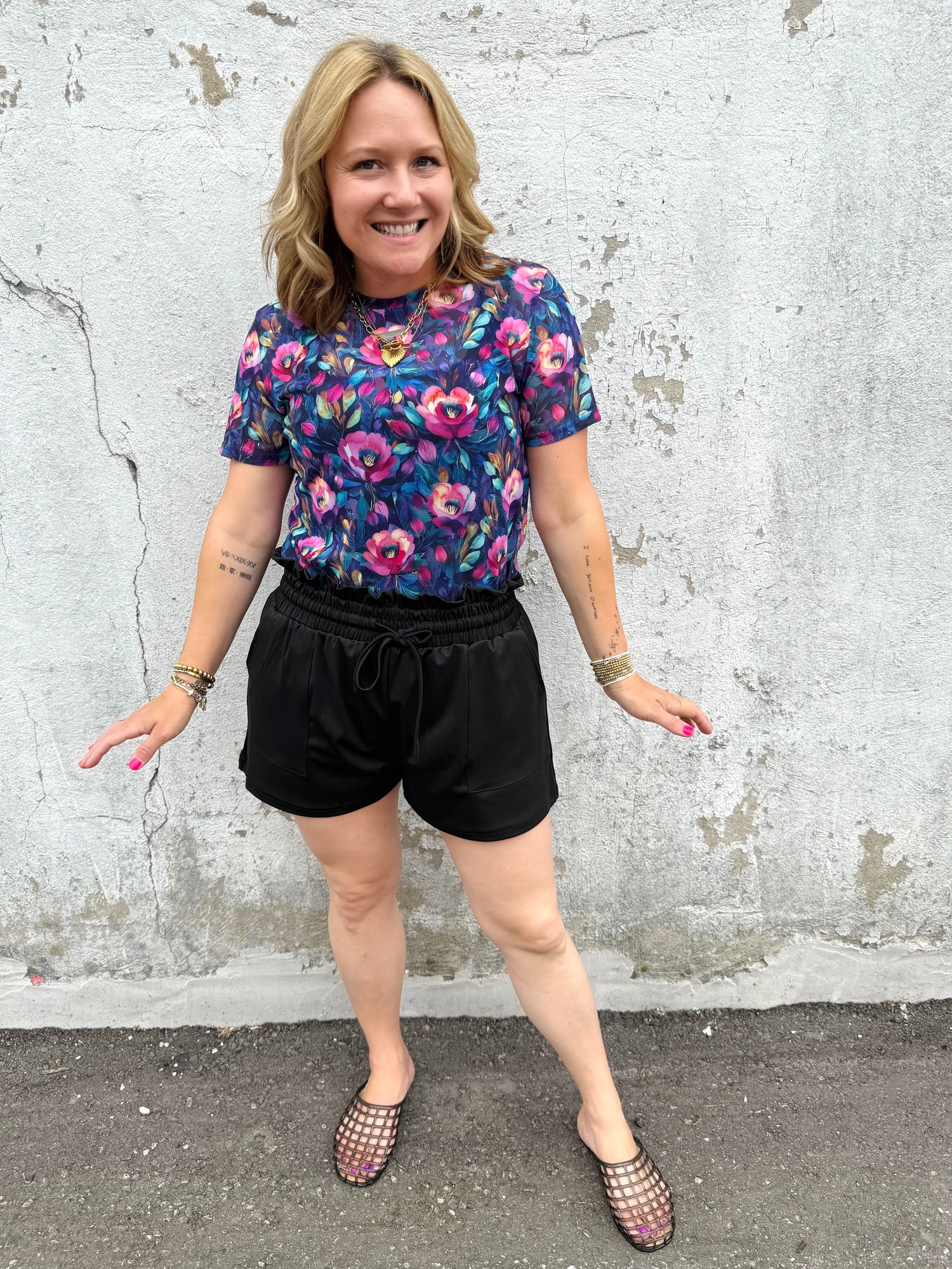 Short Sleeve Mesh Top - Dark Purple Floral {S-3X}