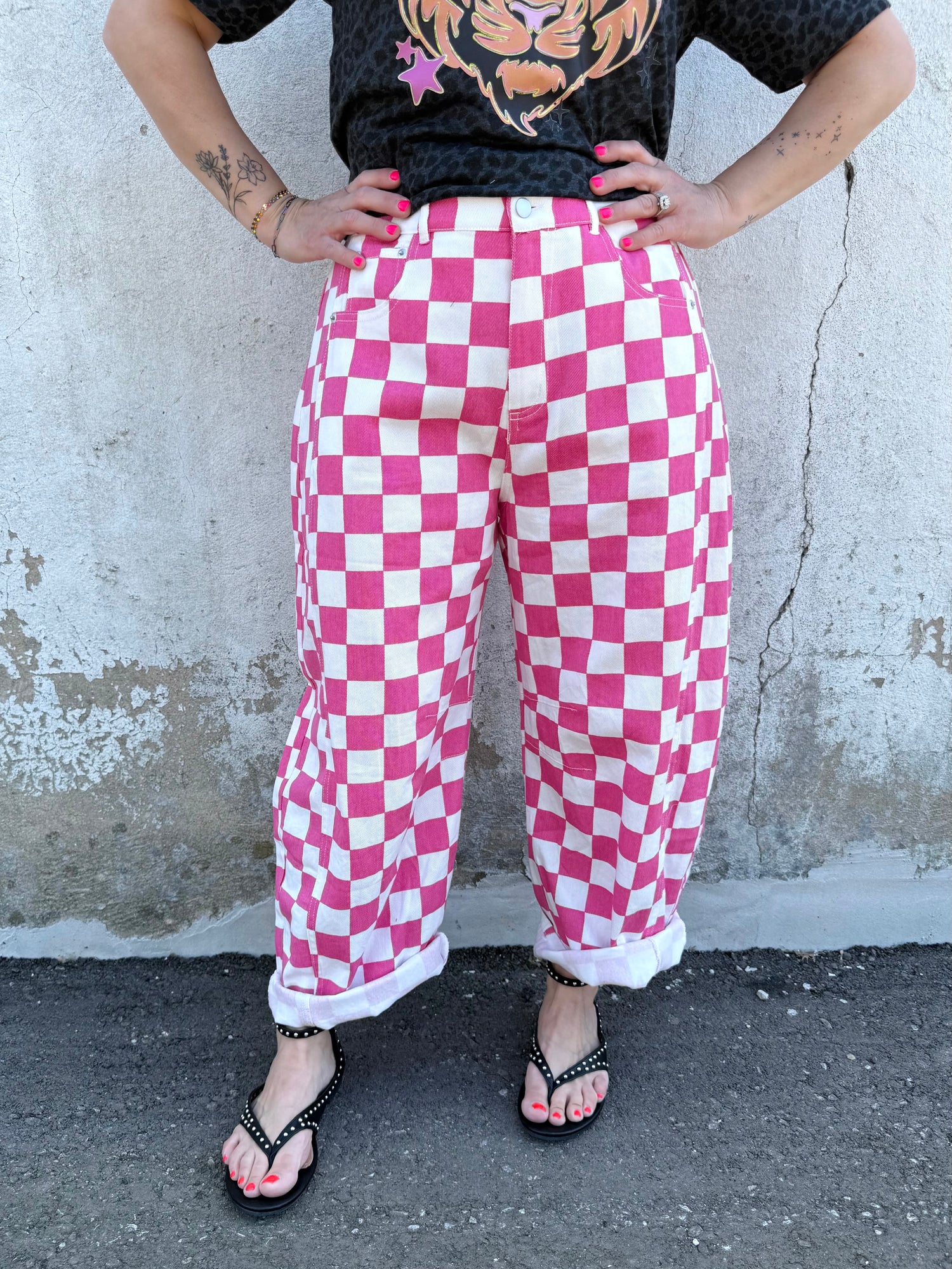 Statement Check Barrel Denim Pants {S-3X}