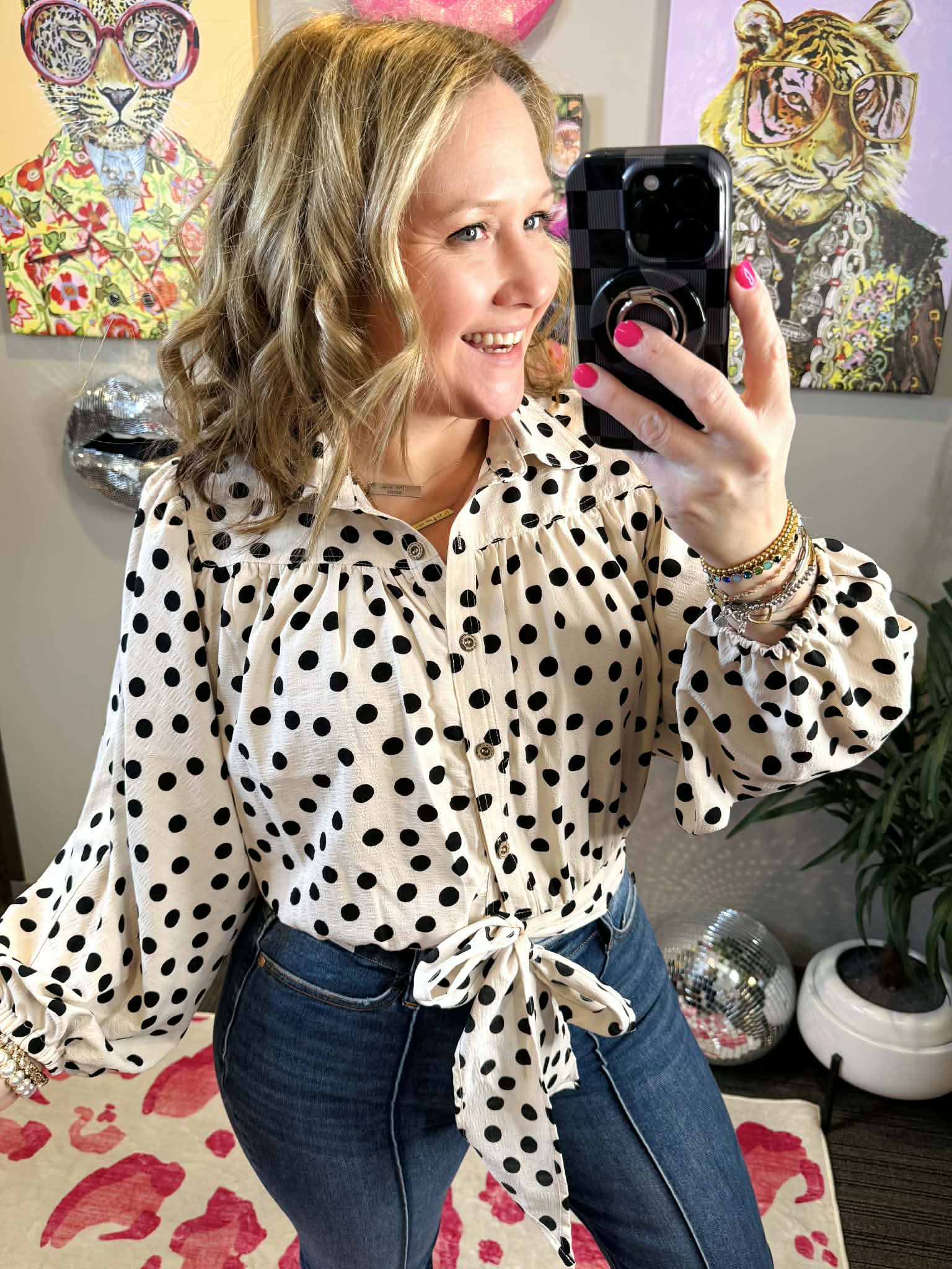 Sweet Spots Tie Hem Blouse Top {S-3X} - KaraMarie