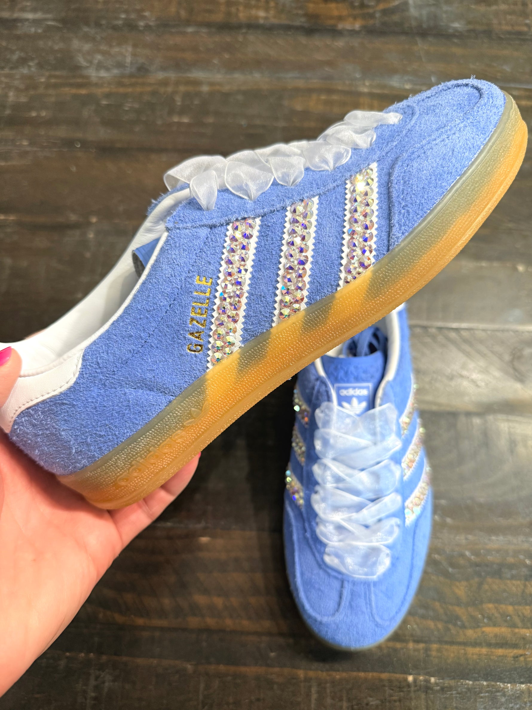 APRIL CRYSTALLIZED SHOE OF THE MONTH! Adidas Gazelle Light Blue Sneaker {CUSTOM ORDER!} - KaraMarie
