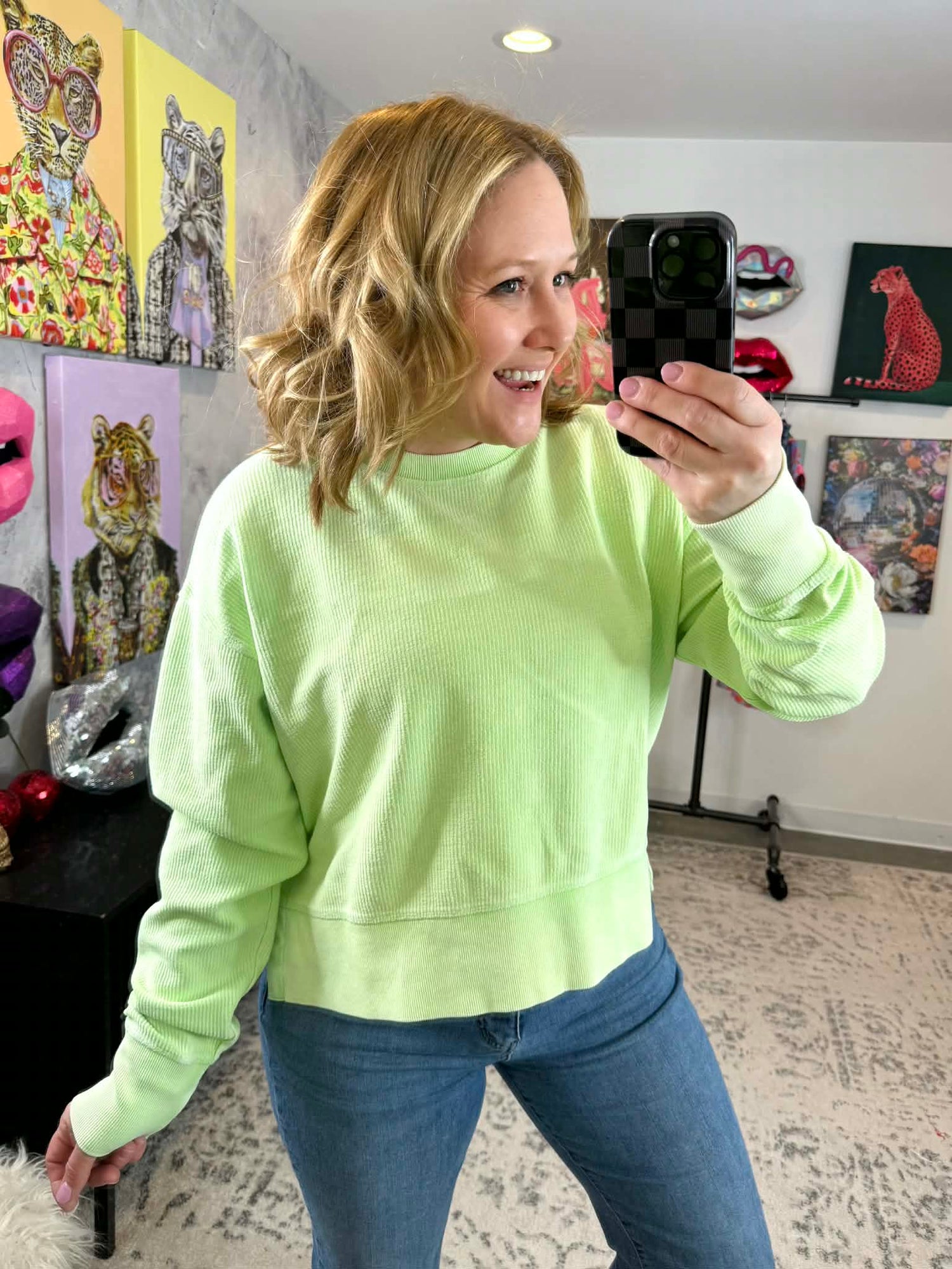 Moon Ryder Corded Cropped Side Slit Crew TOP in Summer Green {Size S-2X} - KaraMarie