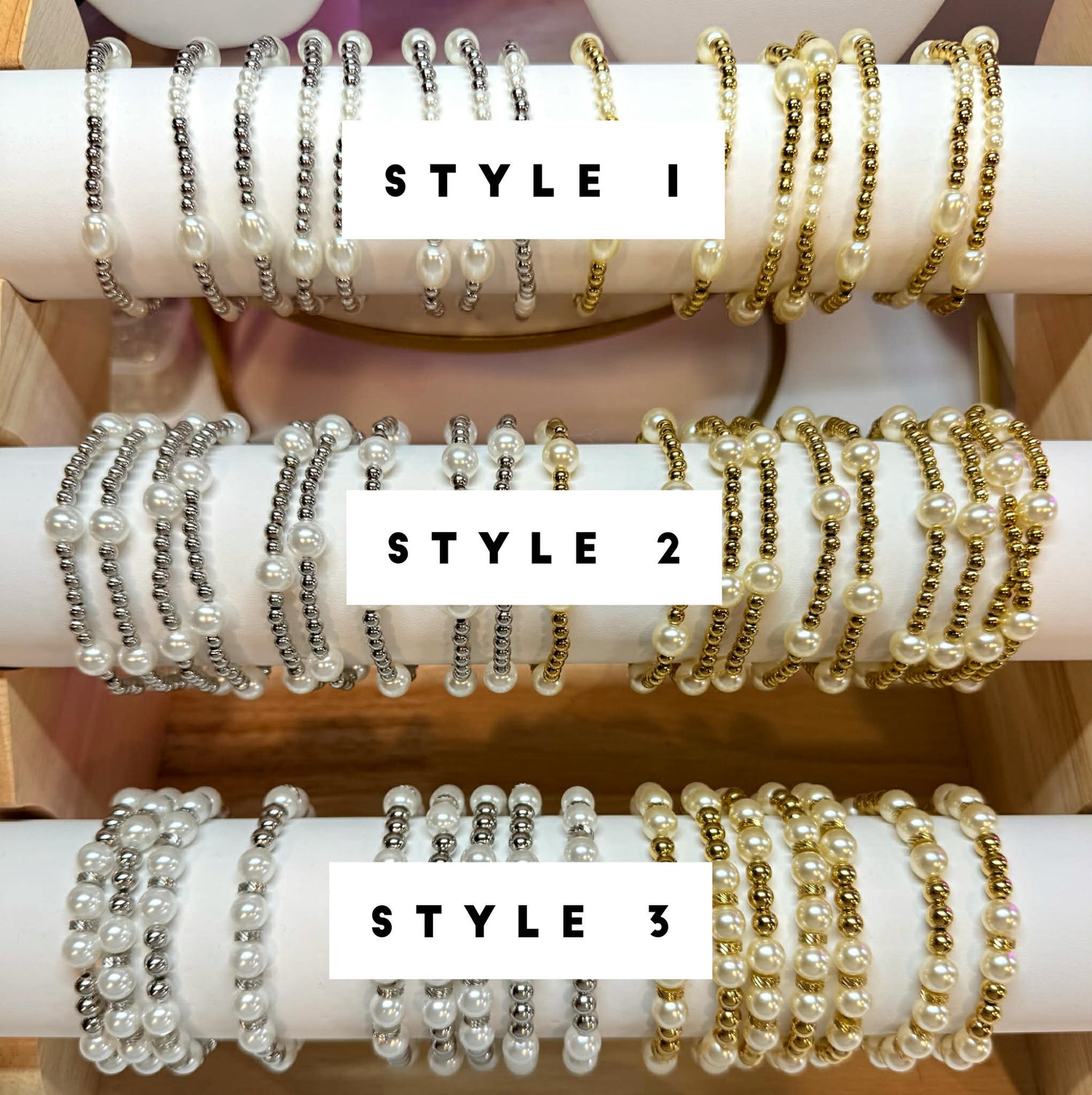 CHARM BAR - PEARL STEEL STRETCH BRACELETS {Gold/Silver} - KaraMarie