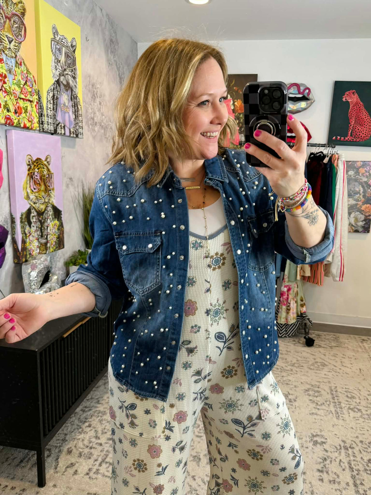 Dolly Denim Top - Pearls {S/M-3X} - KaraMarie