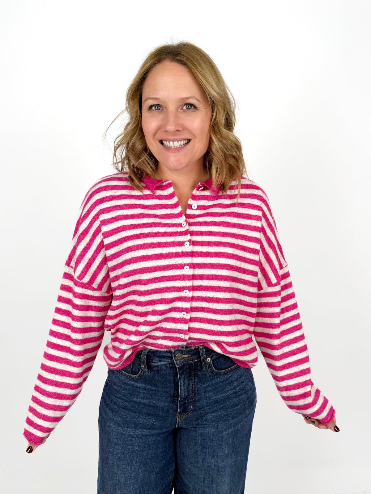 Rolled Edge Striped Sweater Cardigan - Multiple Colors! {S-L}