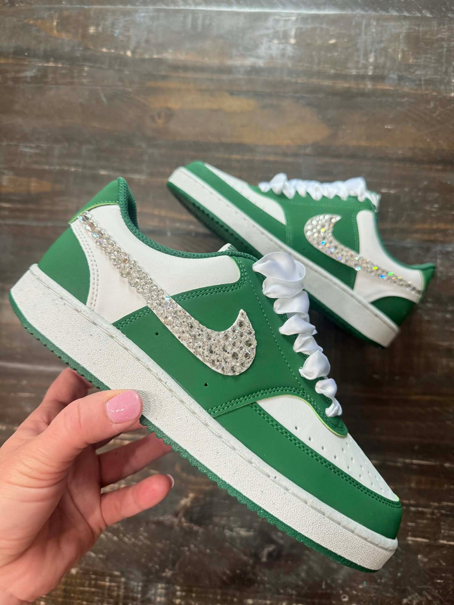 FEBURARY CRYSTALLIZED SHOE OF THE MONTH! Nike Low Top Sneakers White/Green {CUSTOM ORDER!} - KaraMarie