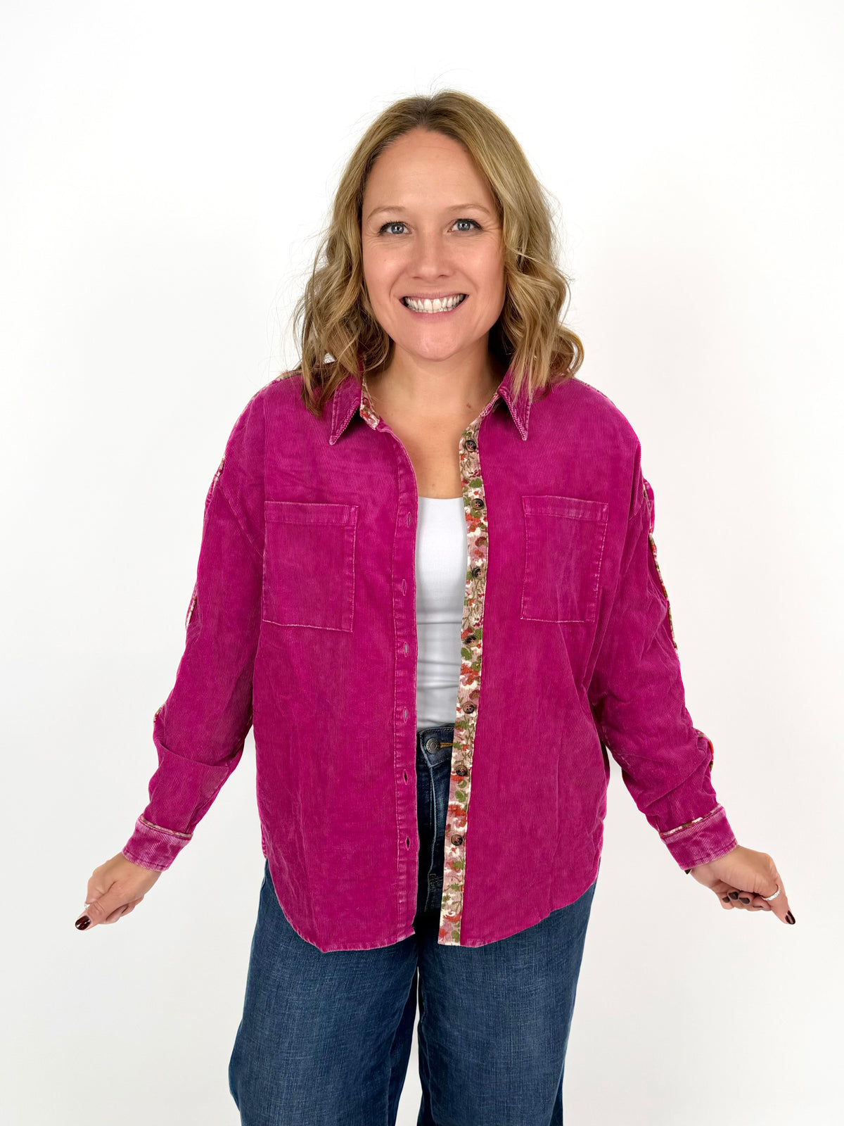 Floral Accent Corduroy Button Down - Multiple Colors! {S-L}