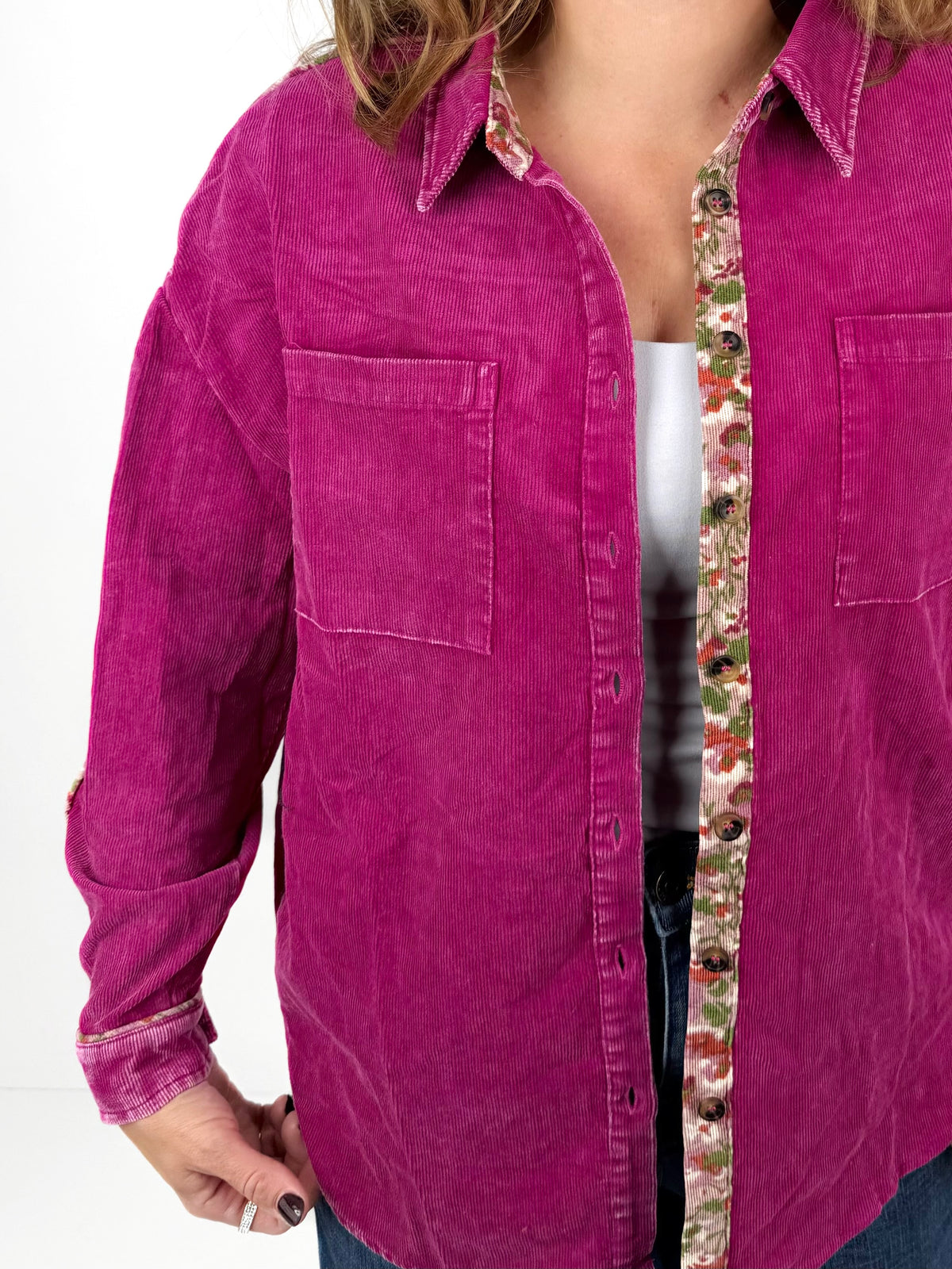 Floral Accent Corduroy Button Down - Multiple Colors! {S-L}