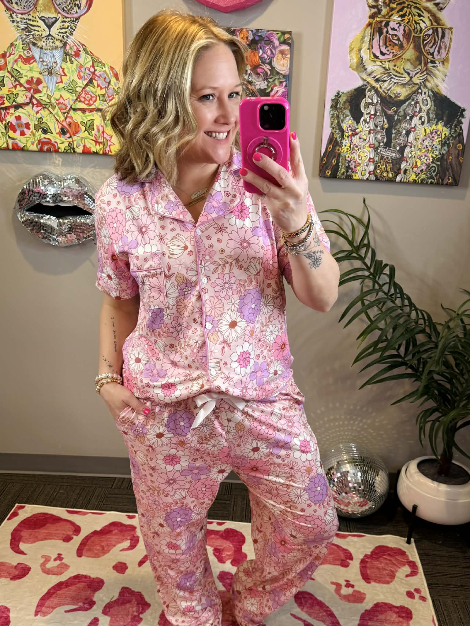 Pajama Set - Button Down - Pink Boho Floral {XS-3X} - KaraMarie