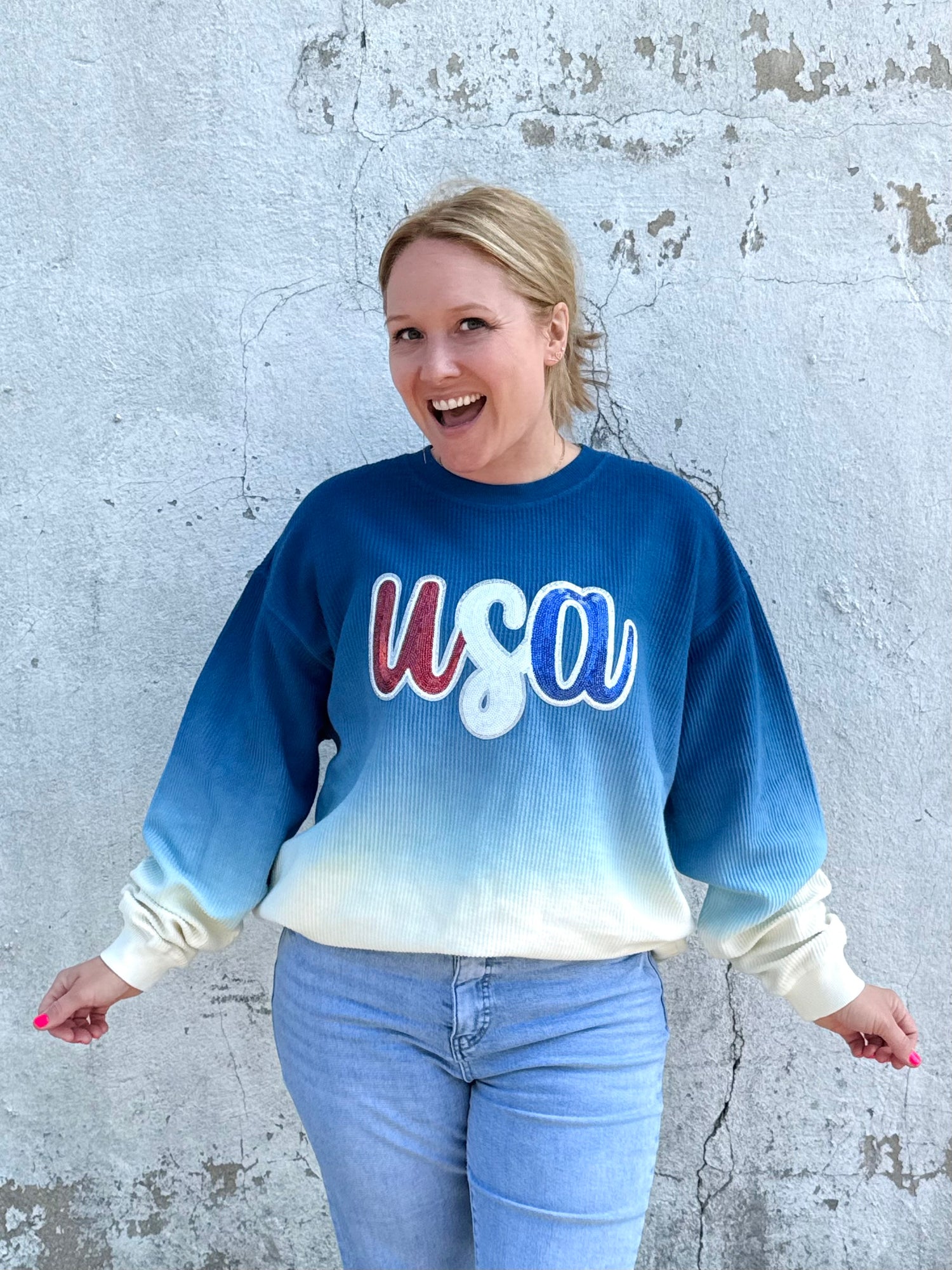 Moon Ryder Ombre Cozy Cord Sweatshirt - Navy/Eggnog {WITH OR WITHOUT USA ADD-ON!}
