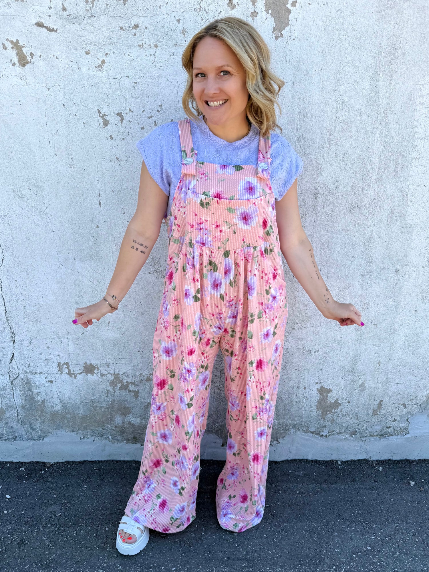 Blakeley Karli Floral Ribbed Overalls - Pink {XS-2X}