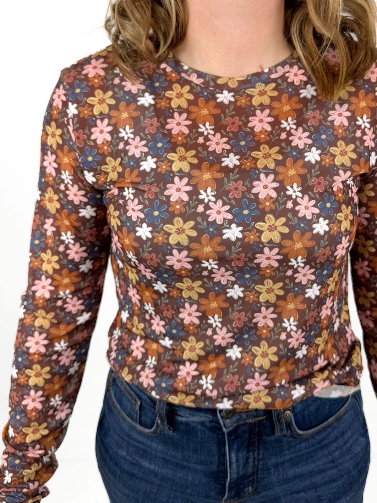 BLAKELEY Dress It Up Mesh Tops - Brown Floral {S/M-2X}