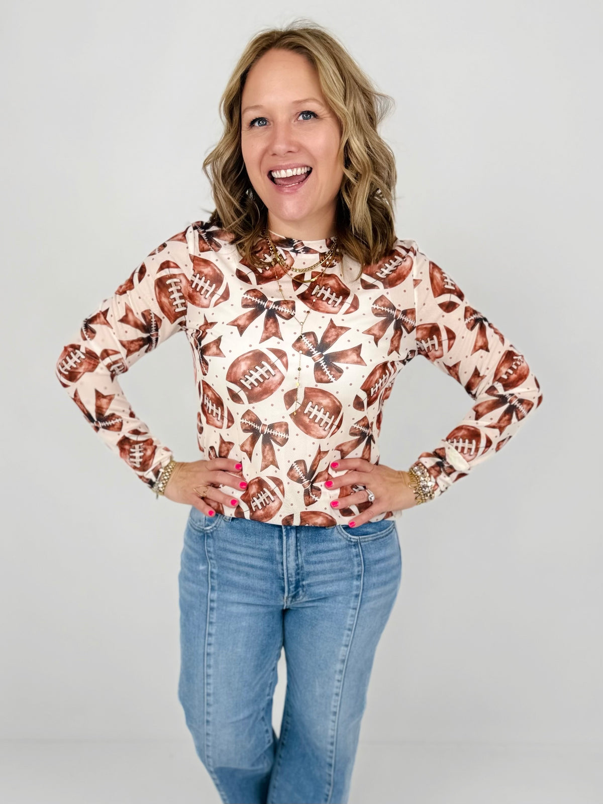 Long Sleeve Mesh Top in Football Bows {S-3X} - KaraMarie