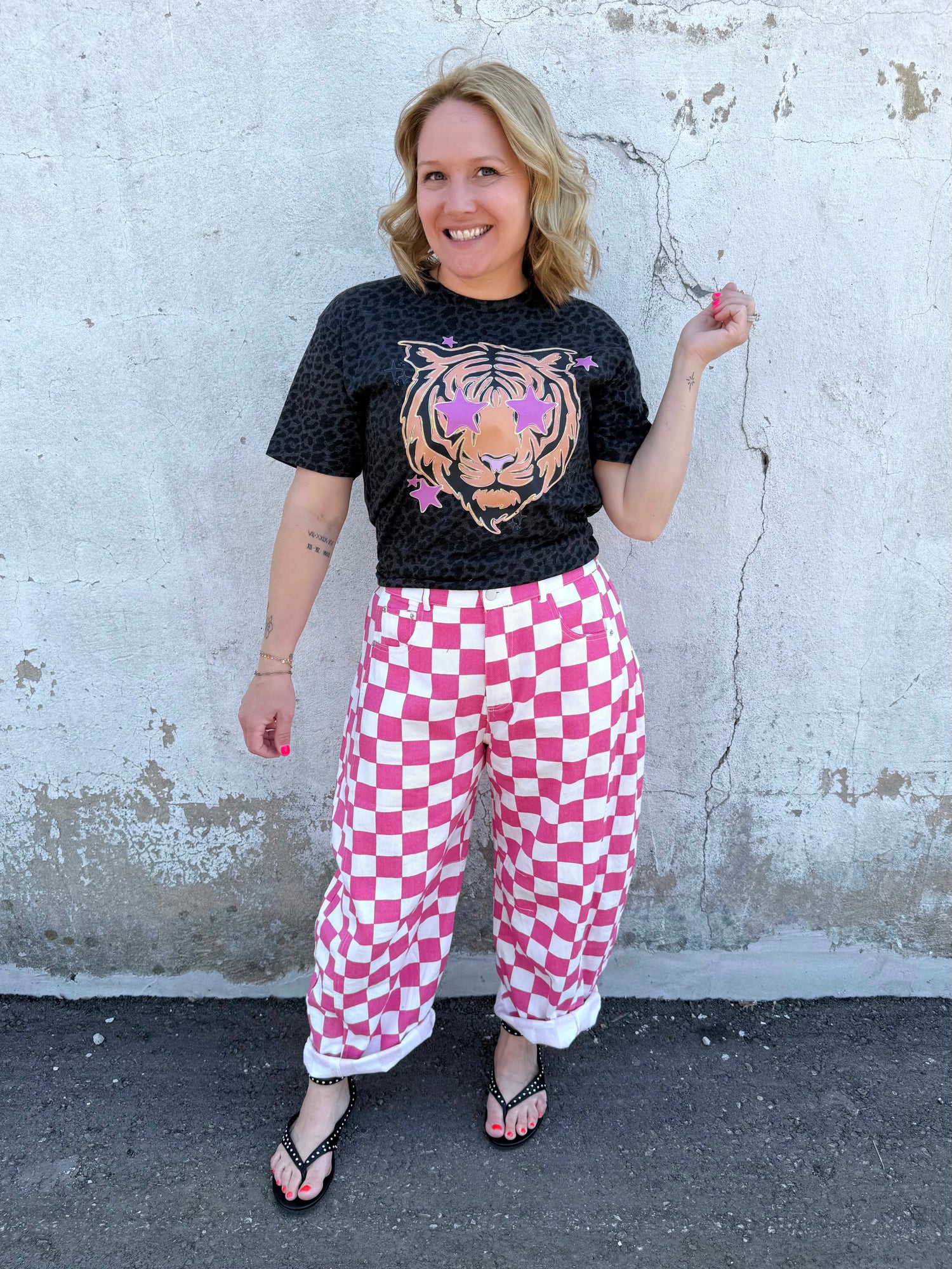 Statement Check Barrel Denim Pants {S-3X}