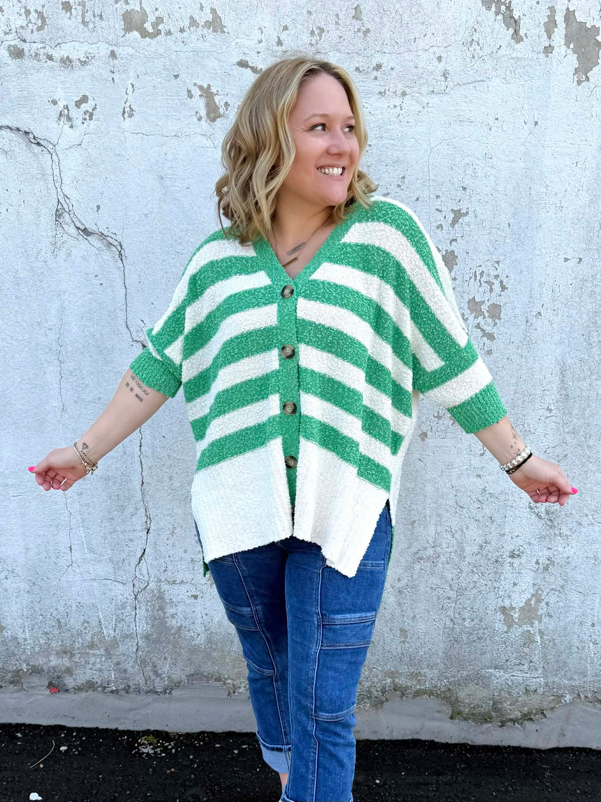 Layered Comfort Buttoned Cardigan in Green {S-L} - KaraMarie