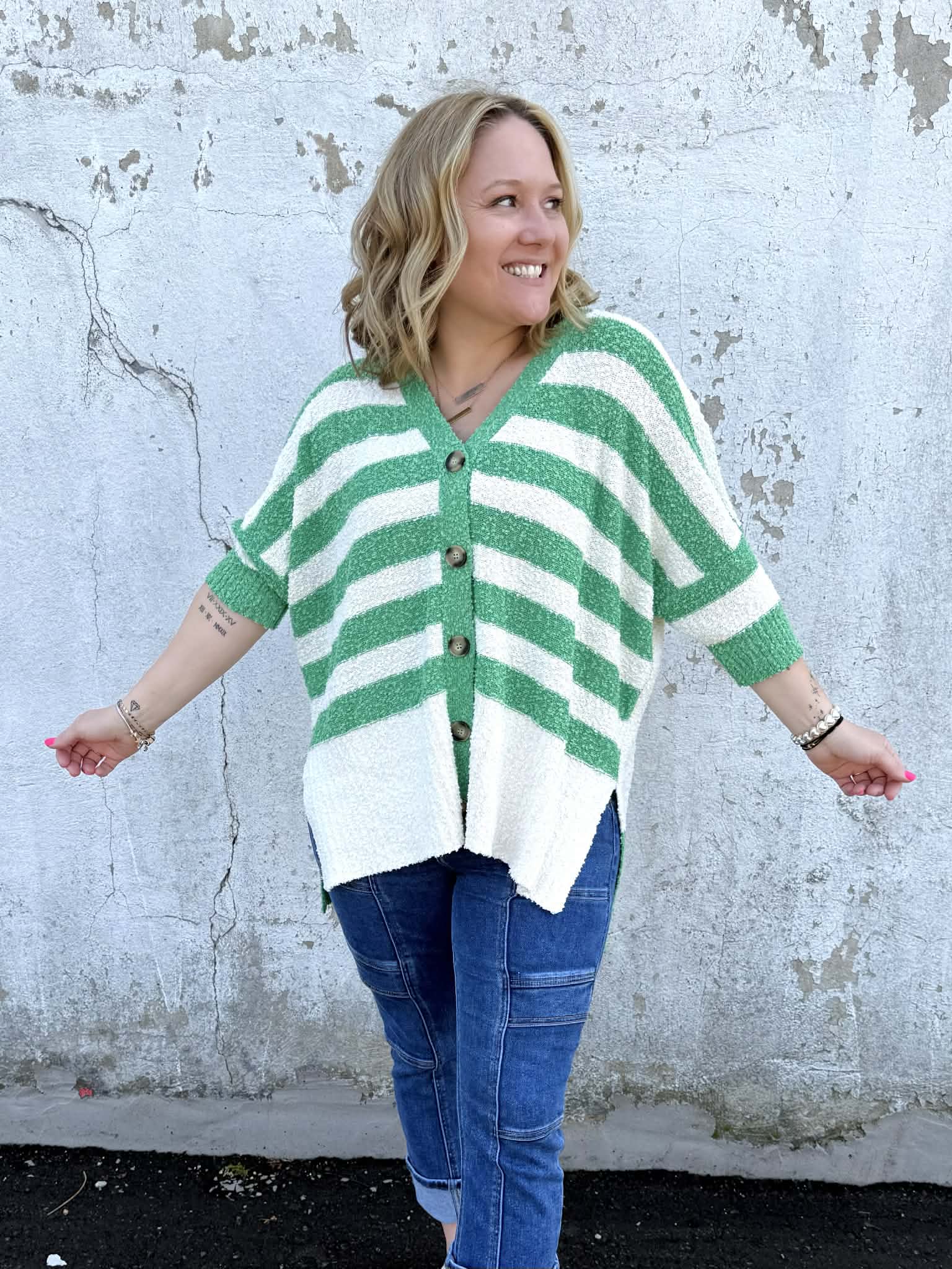 Layered Comfort Buttoned Cardigan in Green {S-L} - KaraMarie