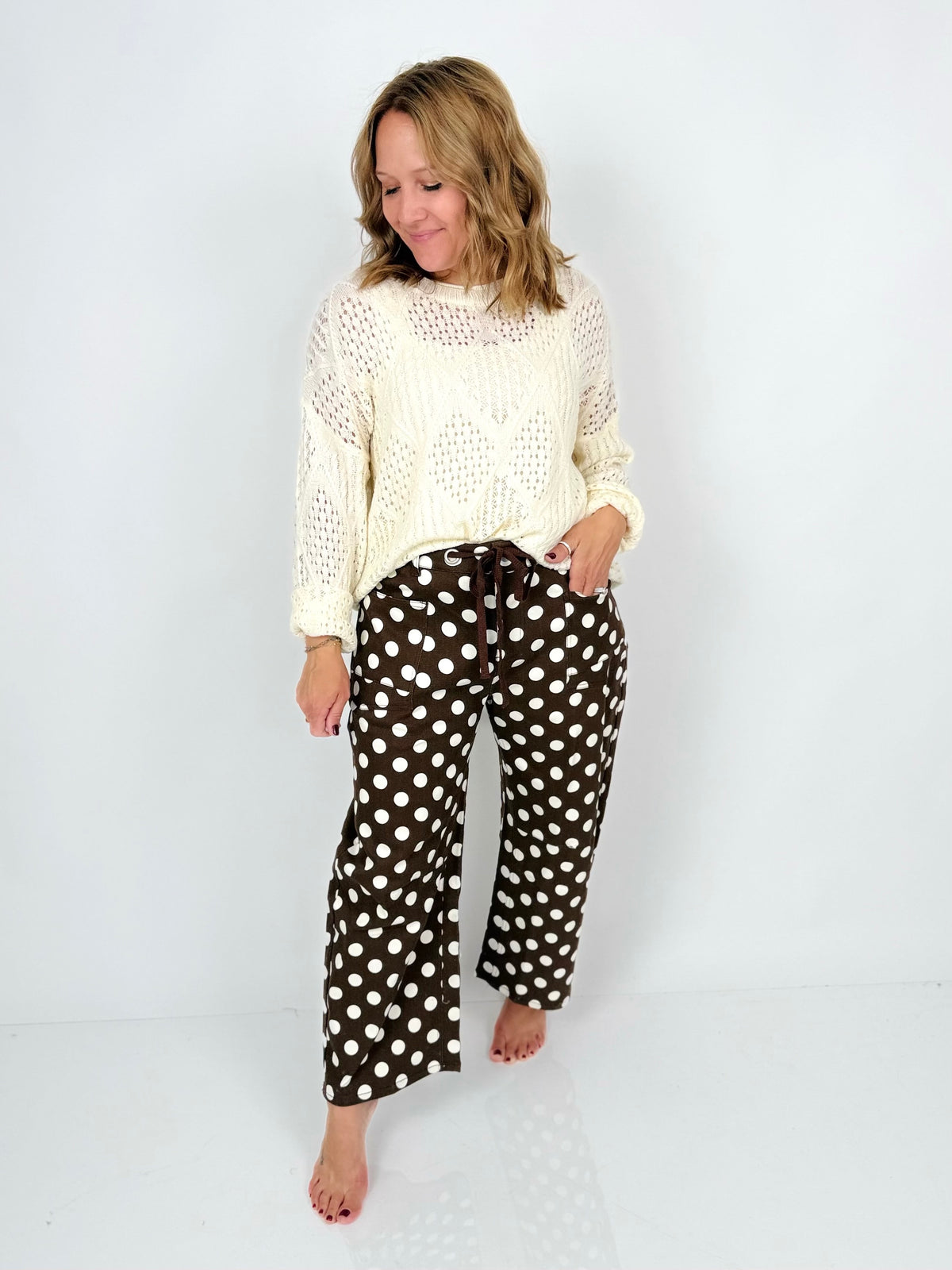 Drawstring Dot Barrel Denim Pants {S-L}
