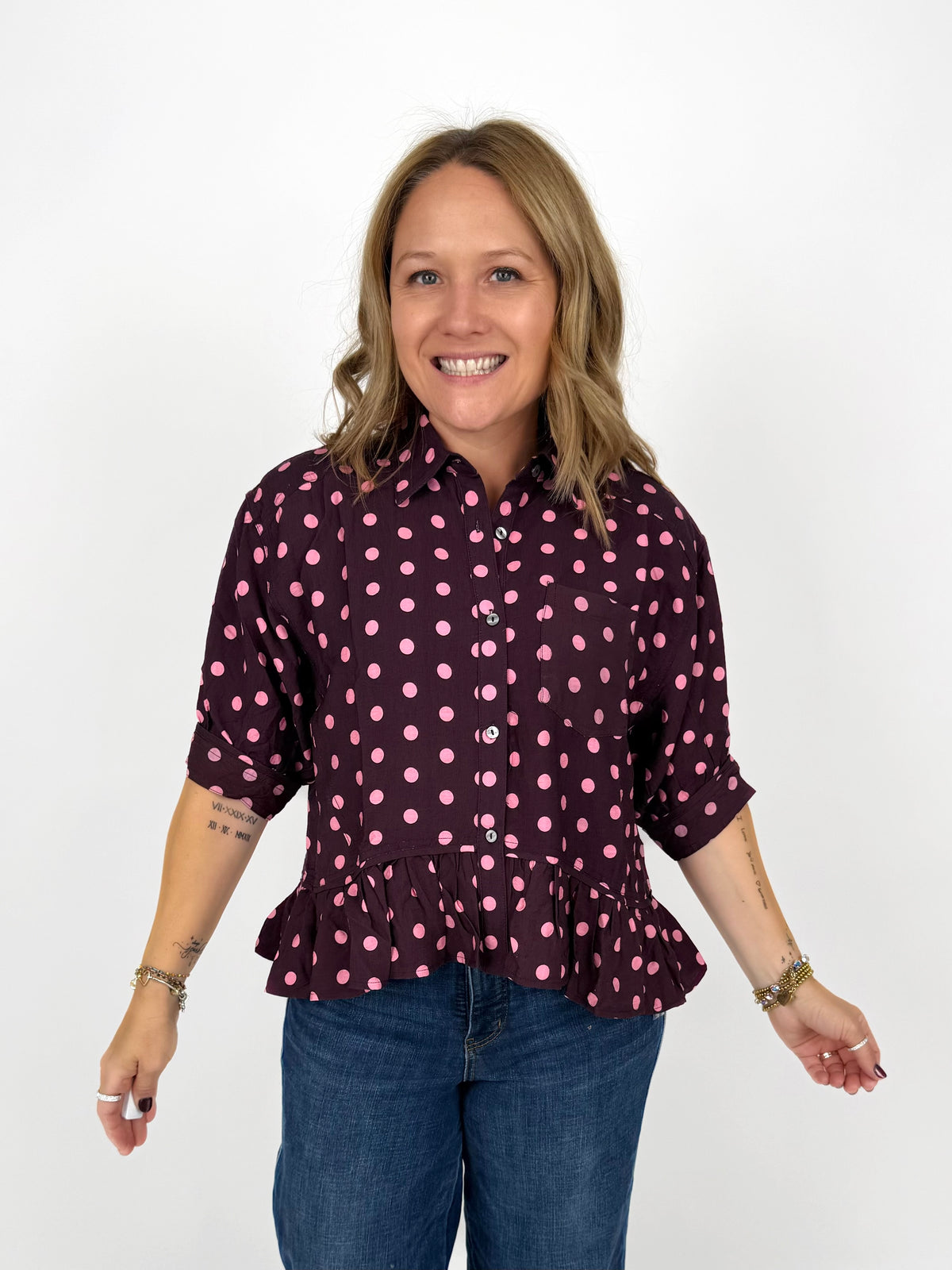 Darling Dots Ruffle Top - Wine {S-2X}