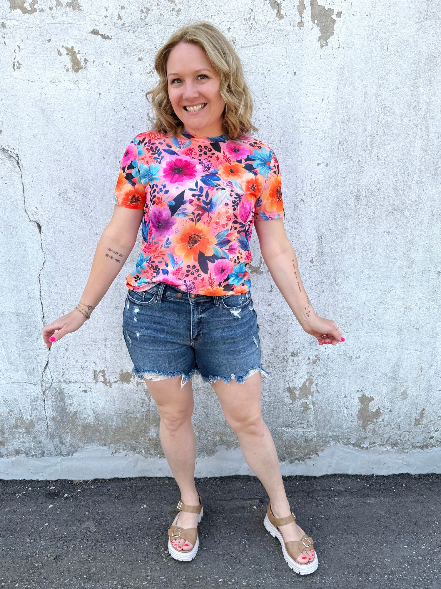 Short Sleeve Mesh Top - Orange Floral {S-3X} - KaraMarie