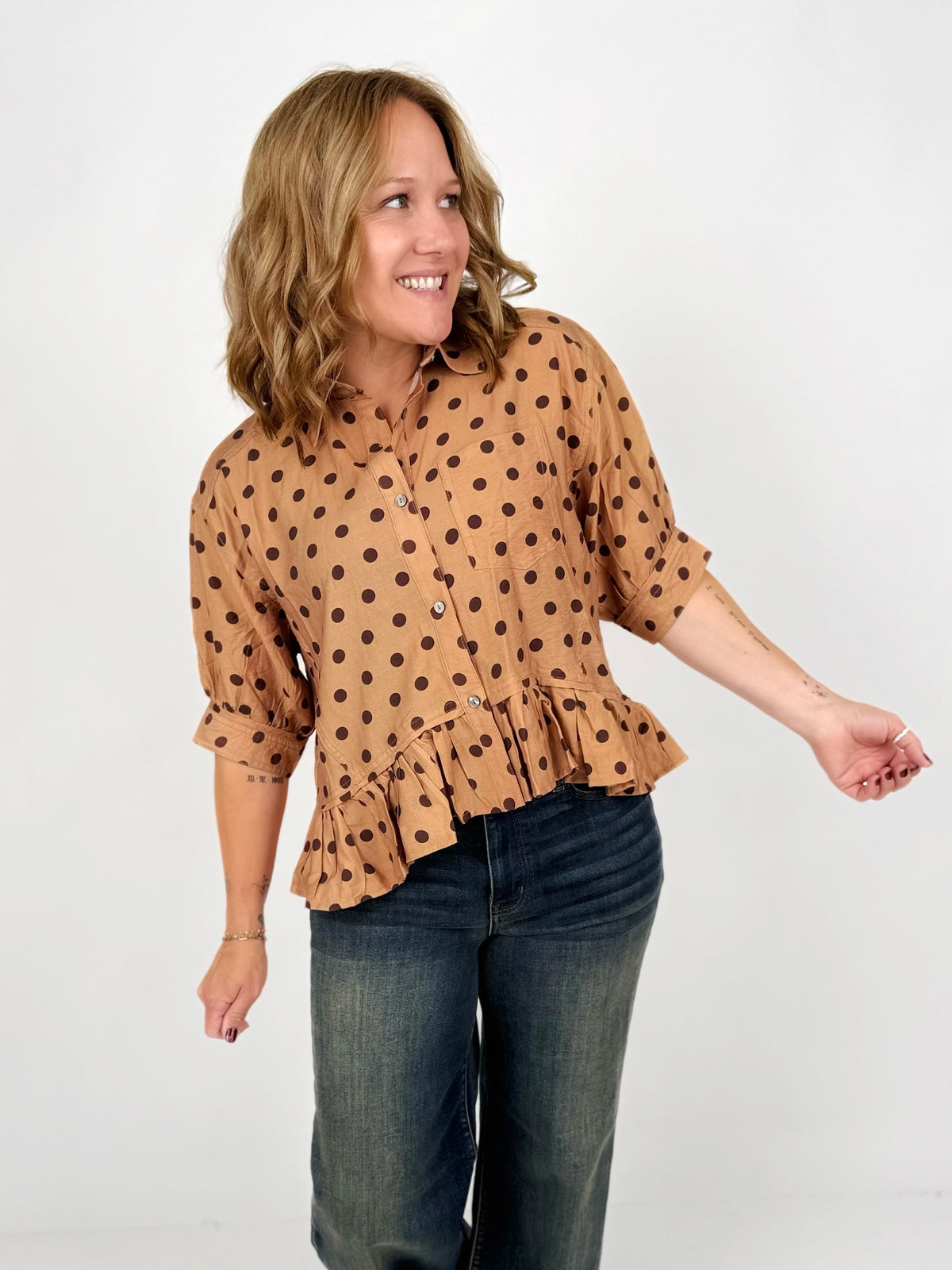 Darling Dots Ruffle Top - Camel {S-2X}
