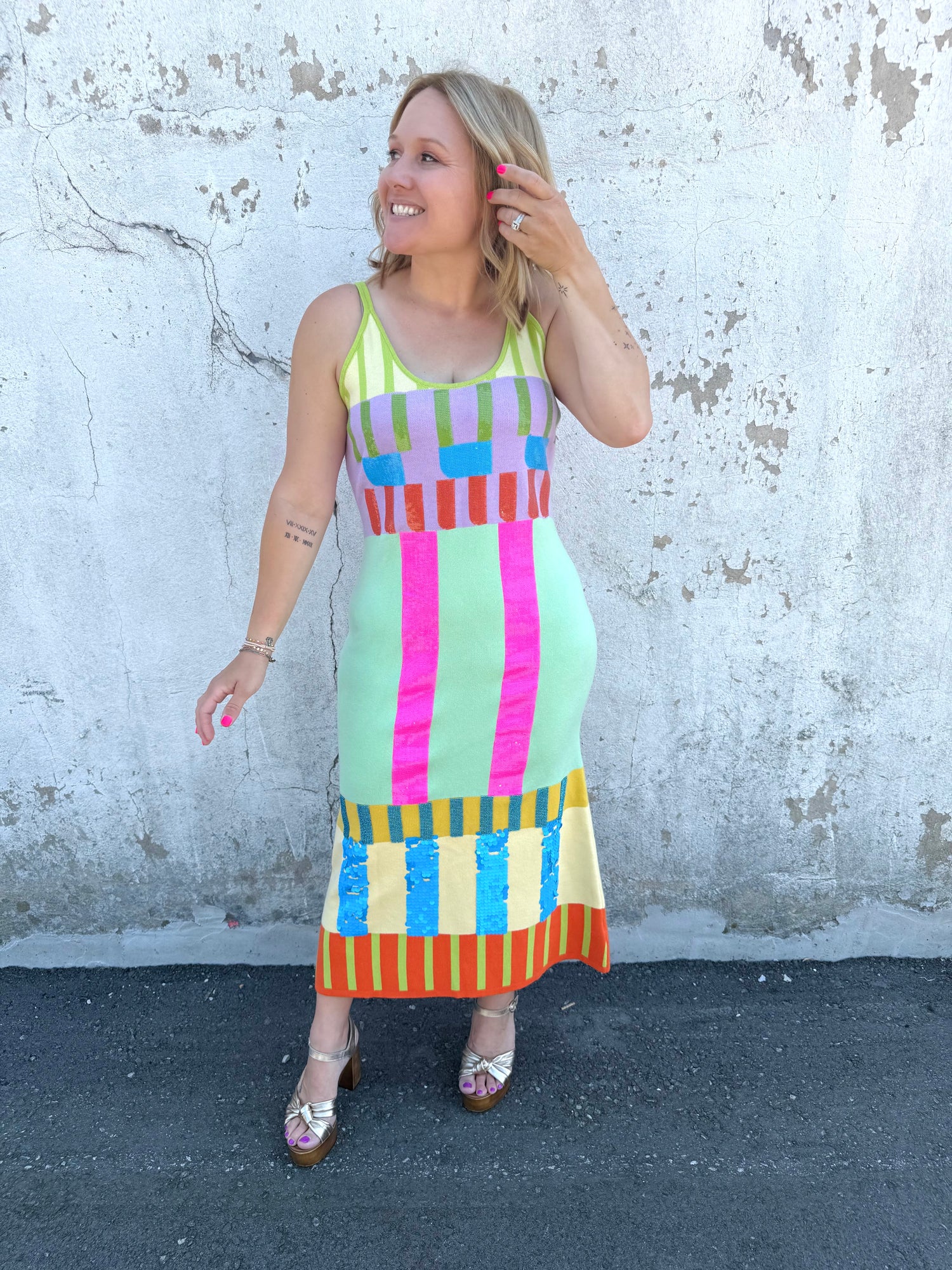 Queen of Sparkles :: Beige Multi Stripe Colorblock Knit Midi Dress {S-XL}