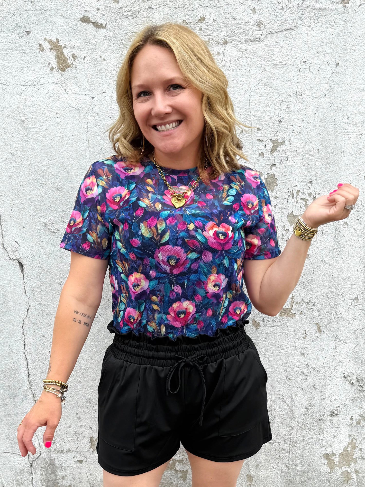 Short Sleeve Mesh Top - Dark Purple Floral {S-3X}