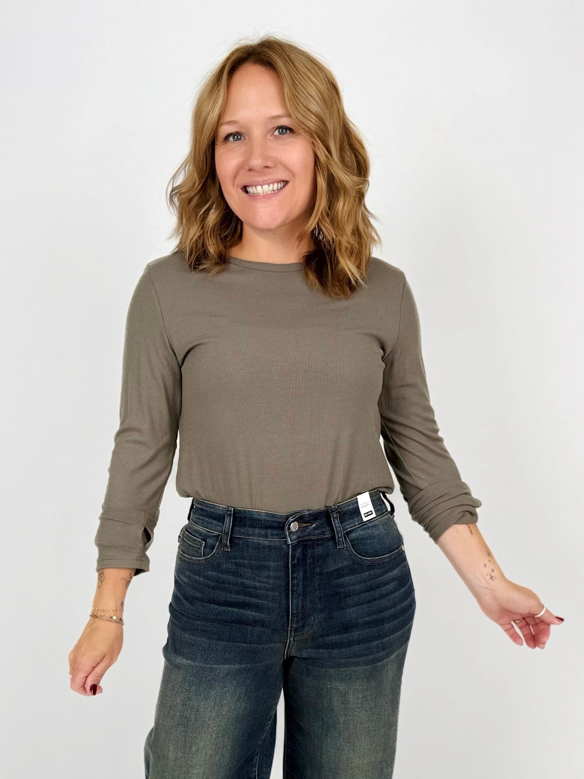 Blakeley Elena Curve Hem Ribbed Top in Olive {XS-2X}