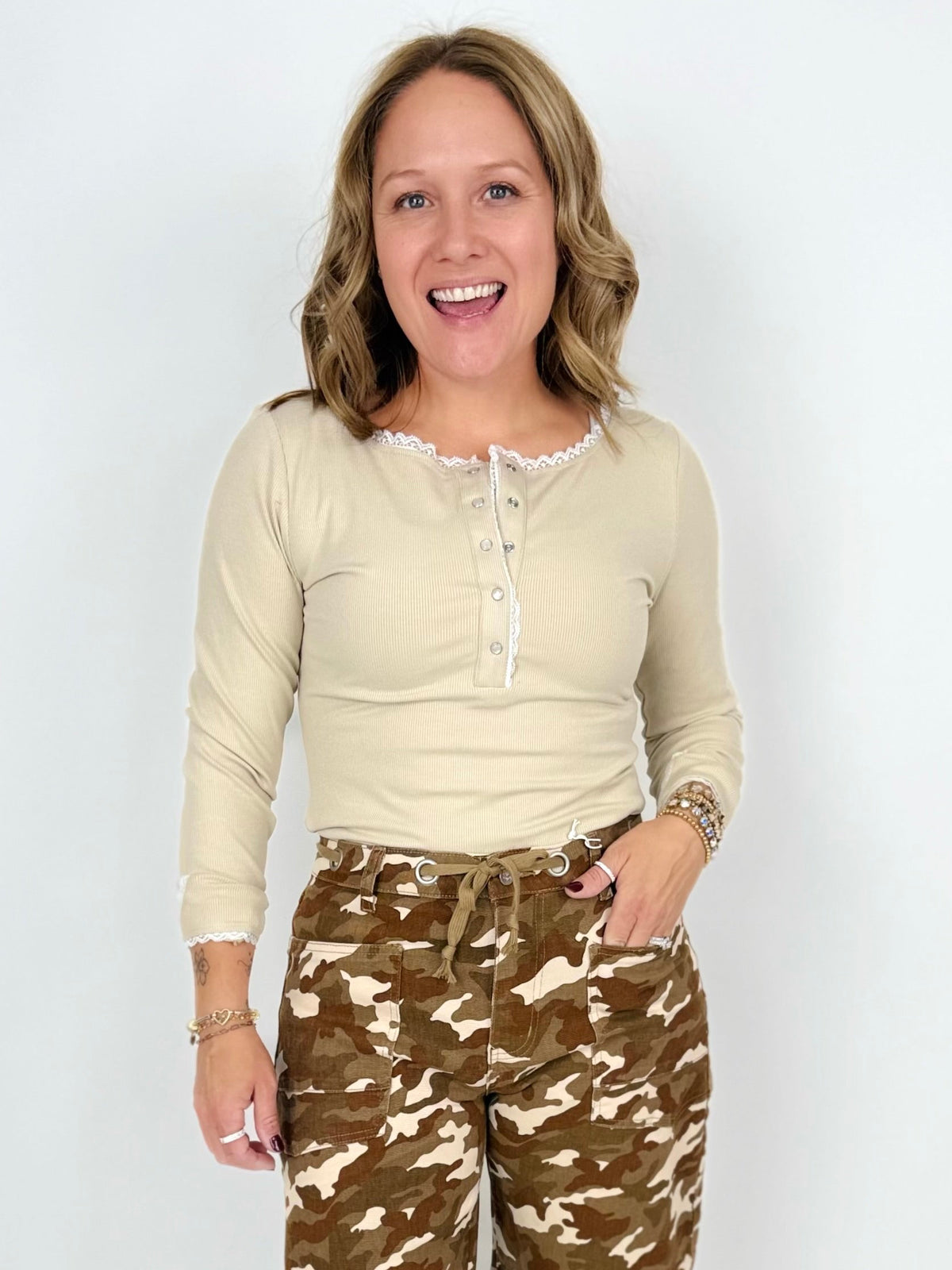 Blakeley Rosie Lace Henley Top - Beige {XS-2X}