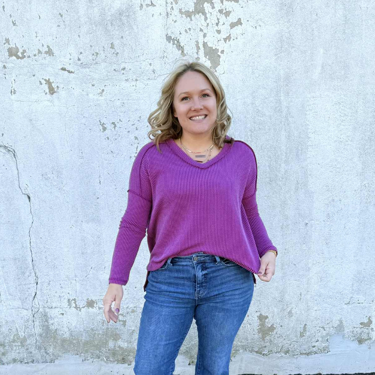 Rib Mode Long Sleeve V-Neck Top - Multiple Colors! {SM-2X3X}