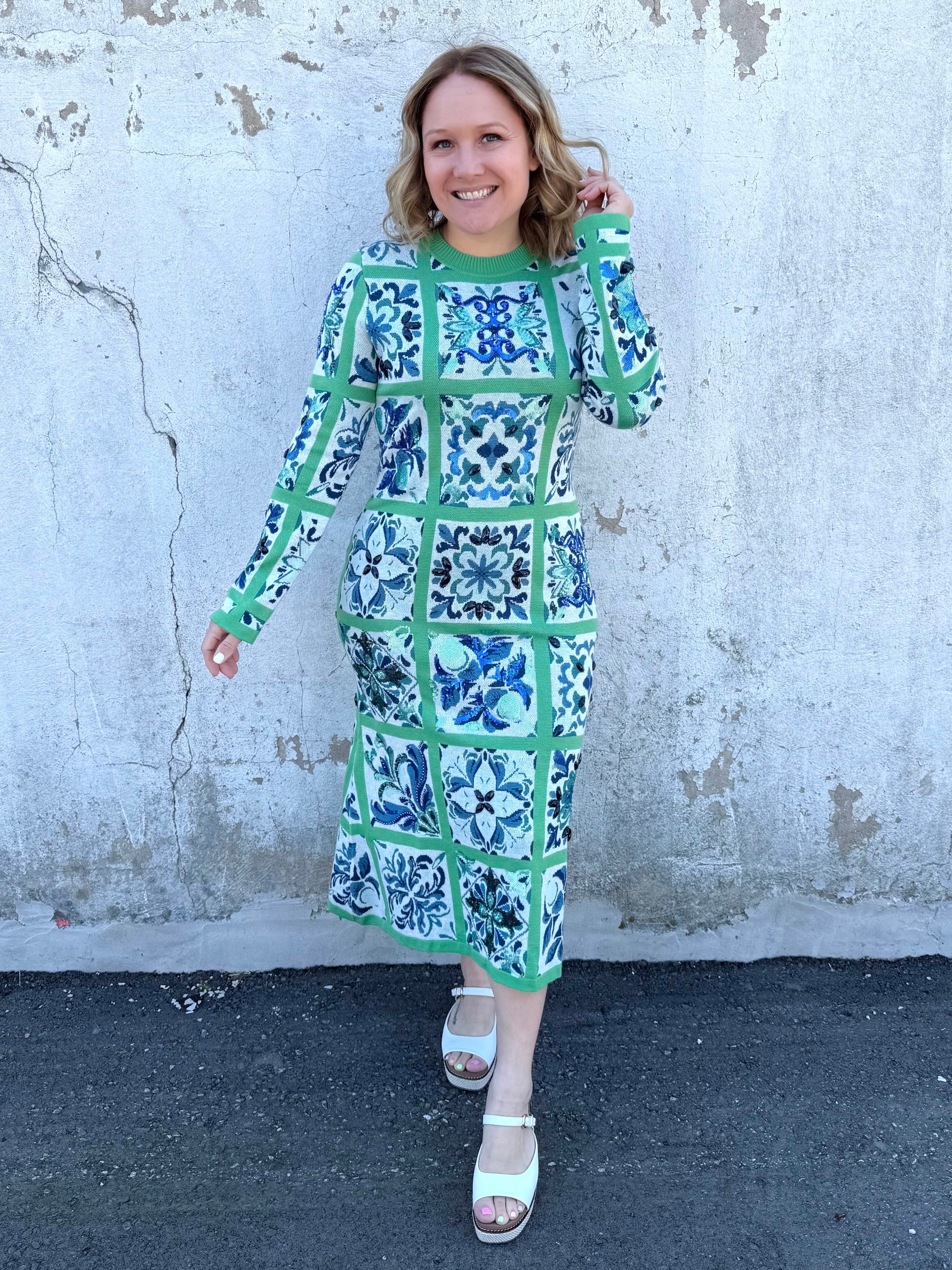 Queen of Sparkles :: Green & Blue Italian Tile Midi Dress {S-XL} - KaraMarie