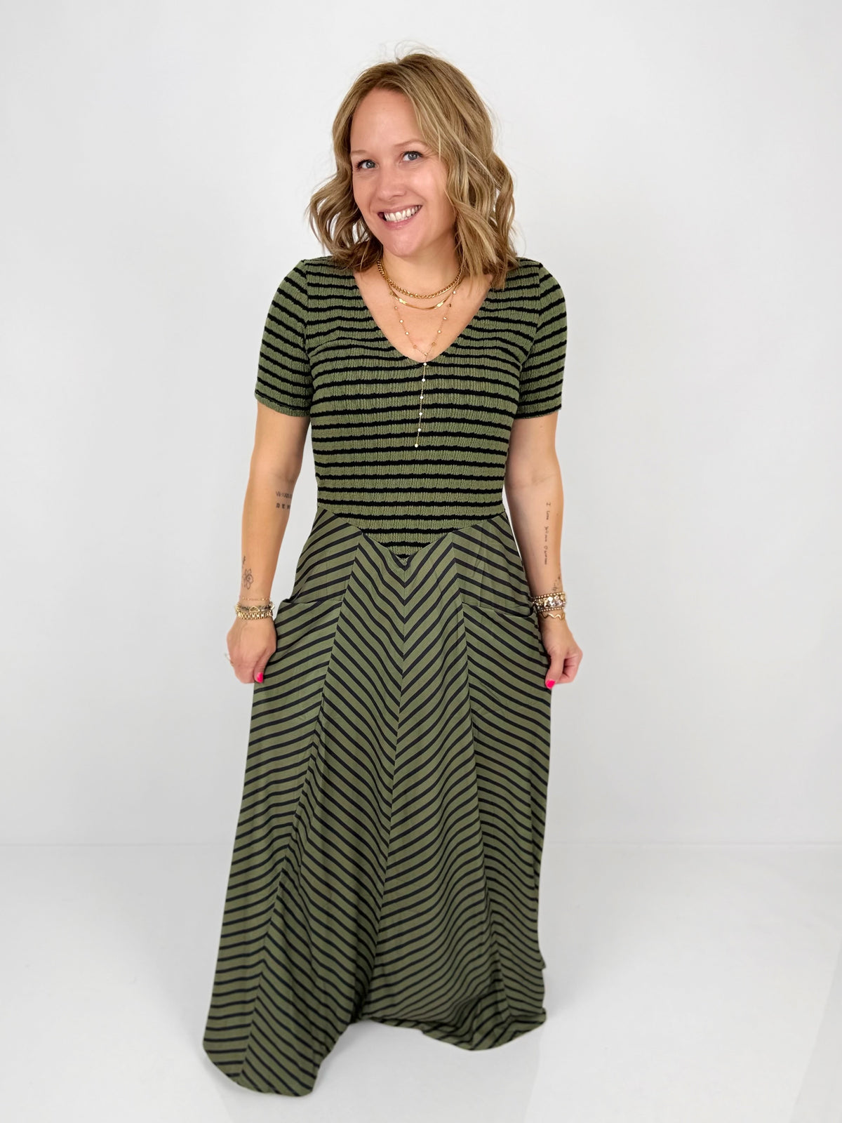 Blakeley Calista Stripe Dress - Olive/Black {XS-2X} - KaraMarie