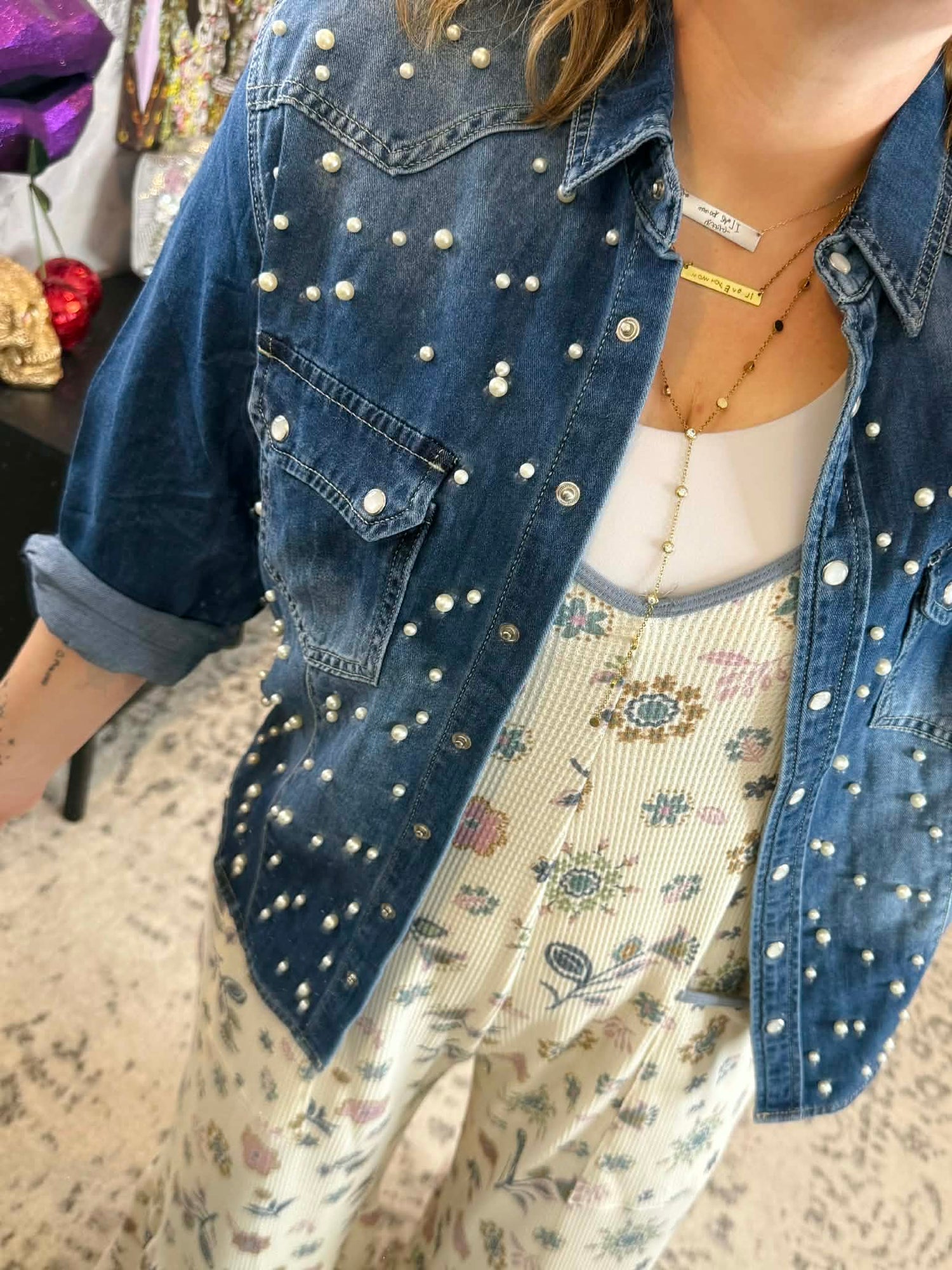 Dolly Denim Top - Pearls {S/M-3X} - KaraMarie