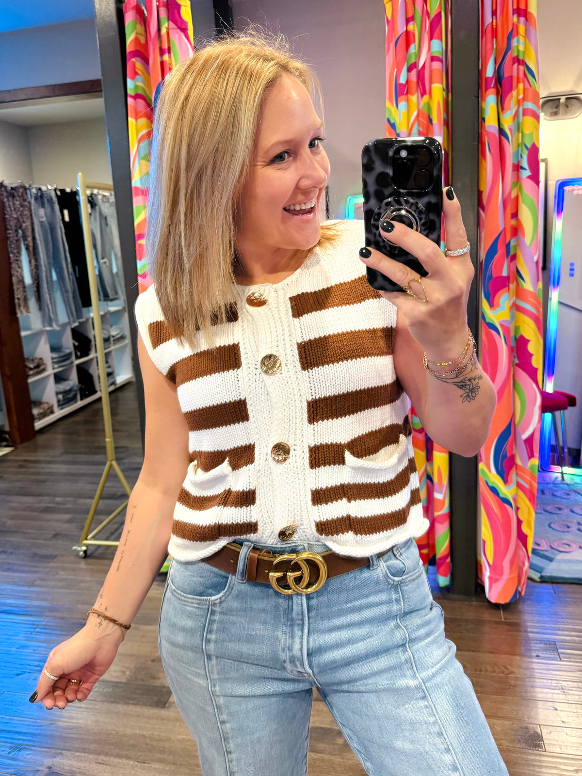 Relaxed Button Sweater Vest - Brown Stripes {S-L}