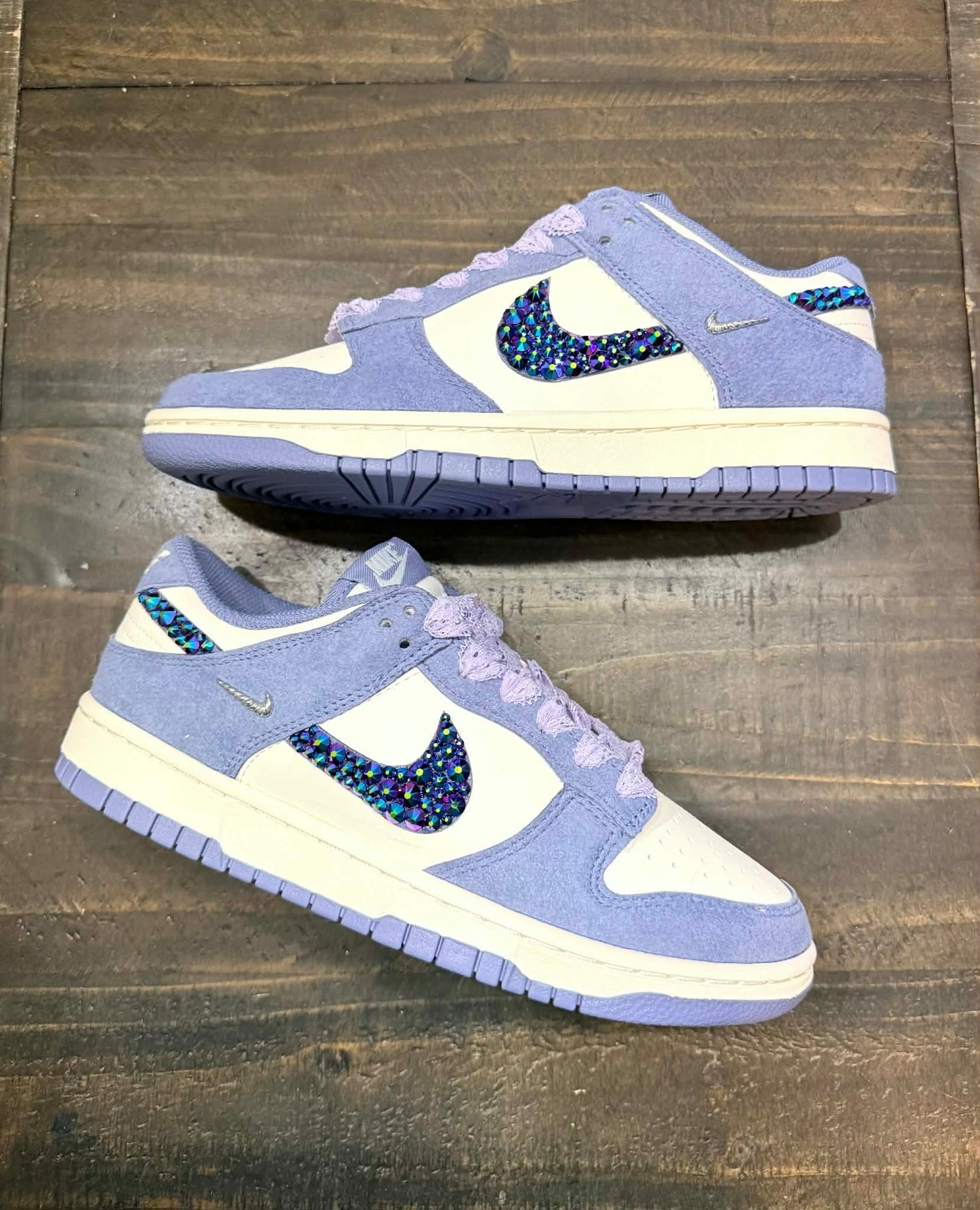 MARCH CRYSTALLIZED SHOE OF THE MONTH! Nike Low Dunk Suede White/Purple {CUSTOM ORDER!}