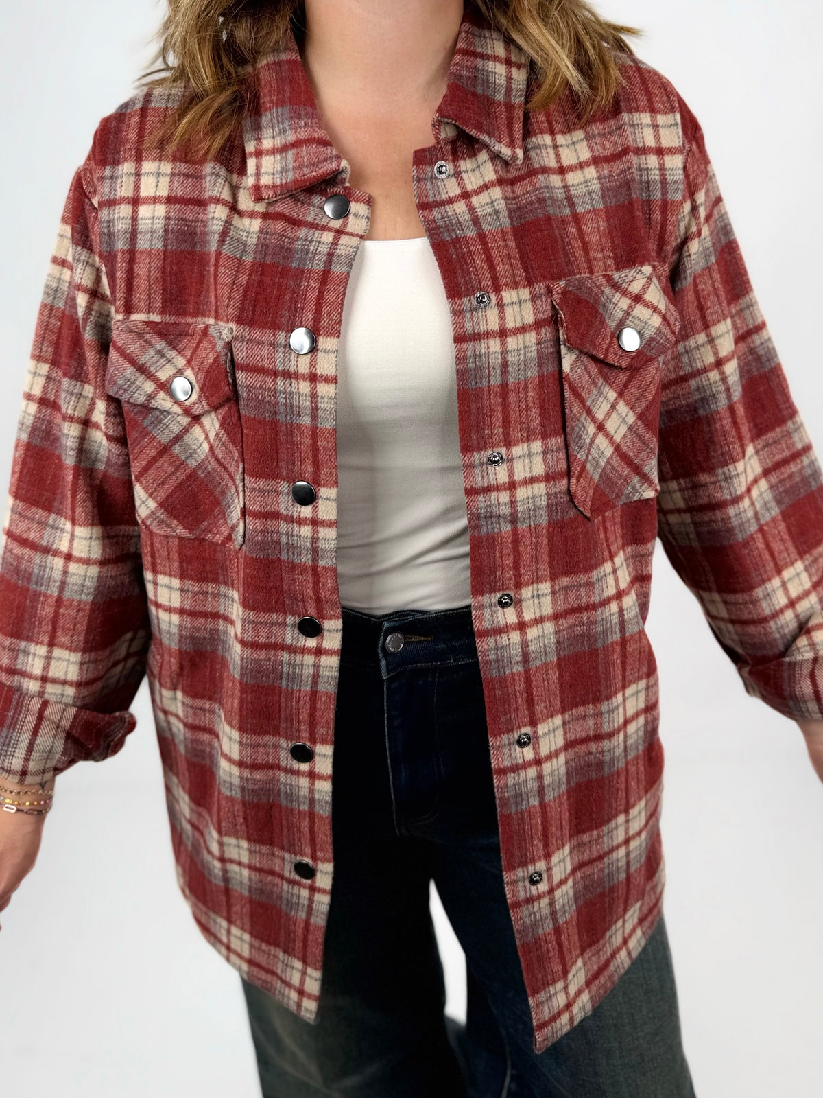 MM Norah Plaid Shacket - Brick {S-3X}