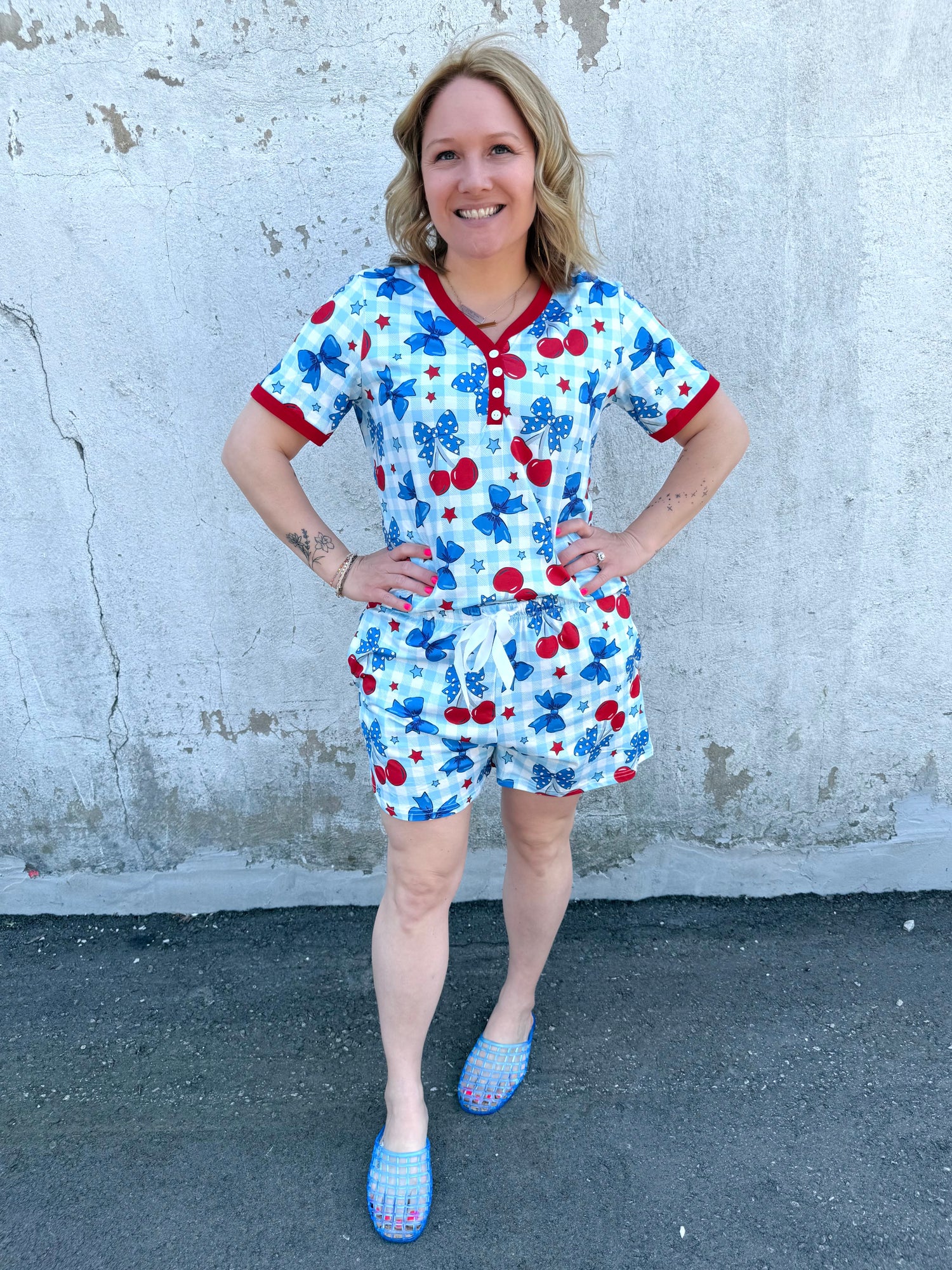 Pajama Set - Short Sleeve & Shorts - Cherries & Bows {XS-3X} - KaraMarie