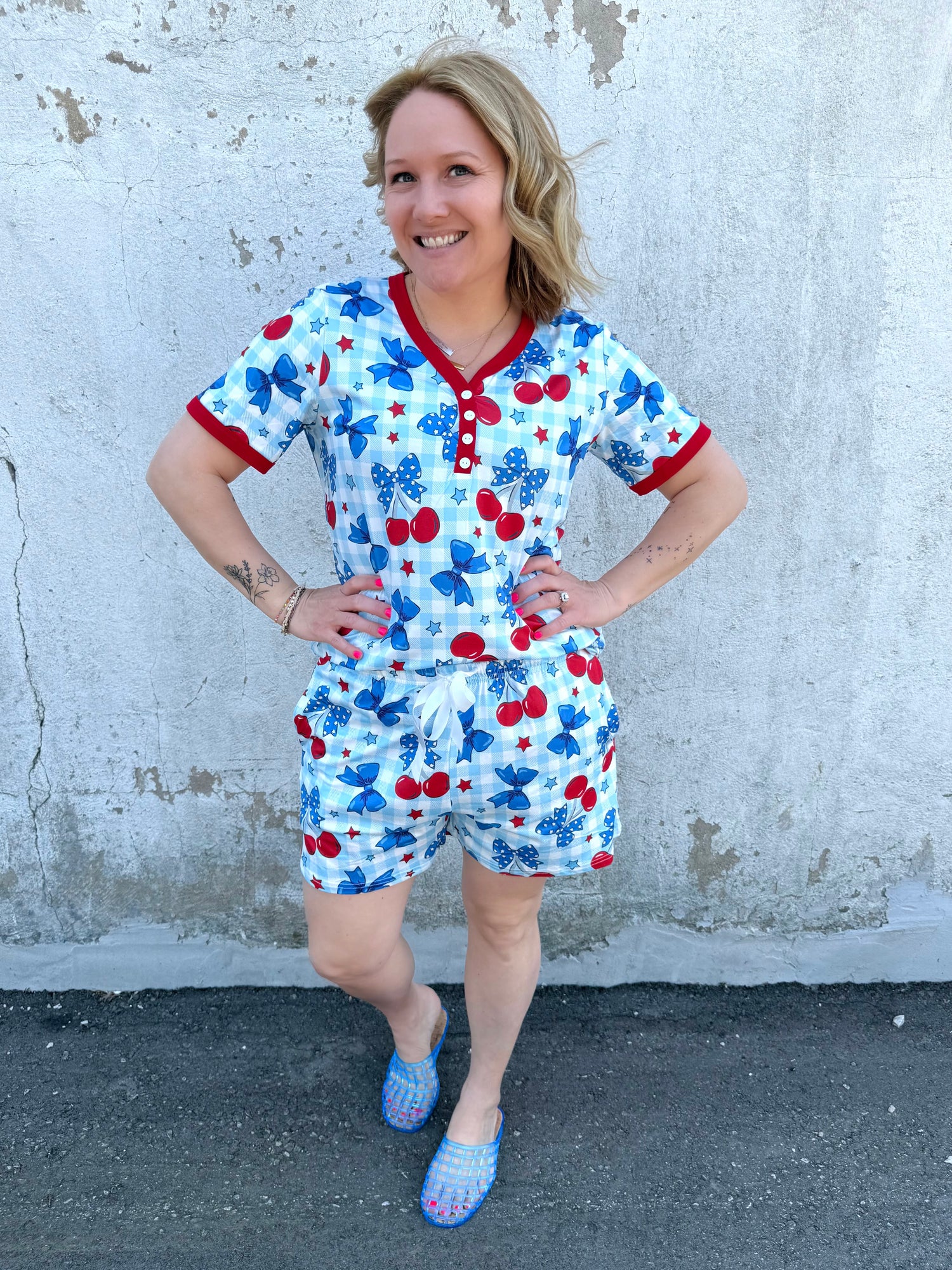Pajama Set - Short Sleeve & Shorts - Cherries & Bows {XS-3X} - KaraMarie