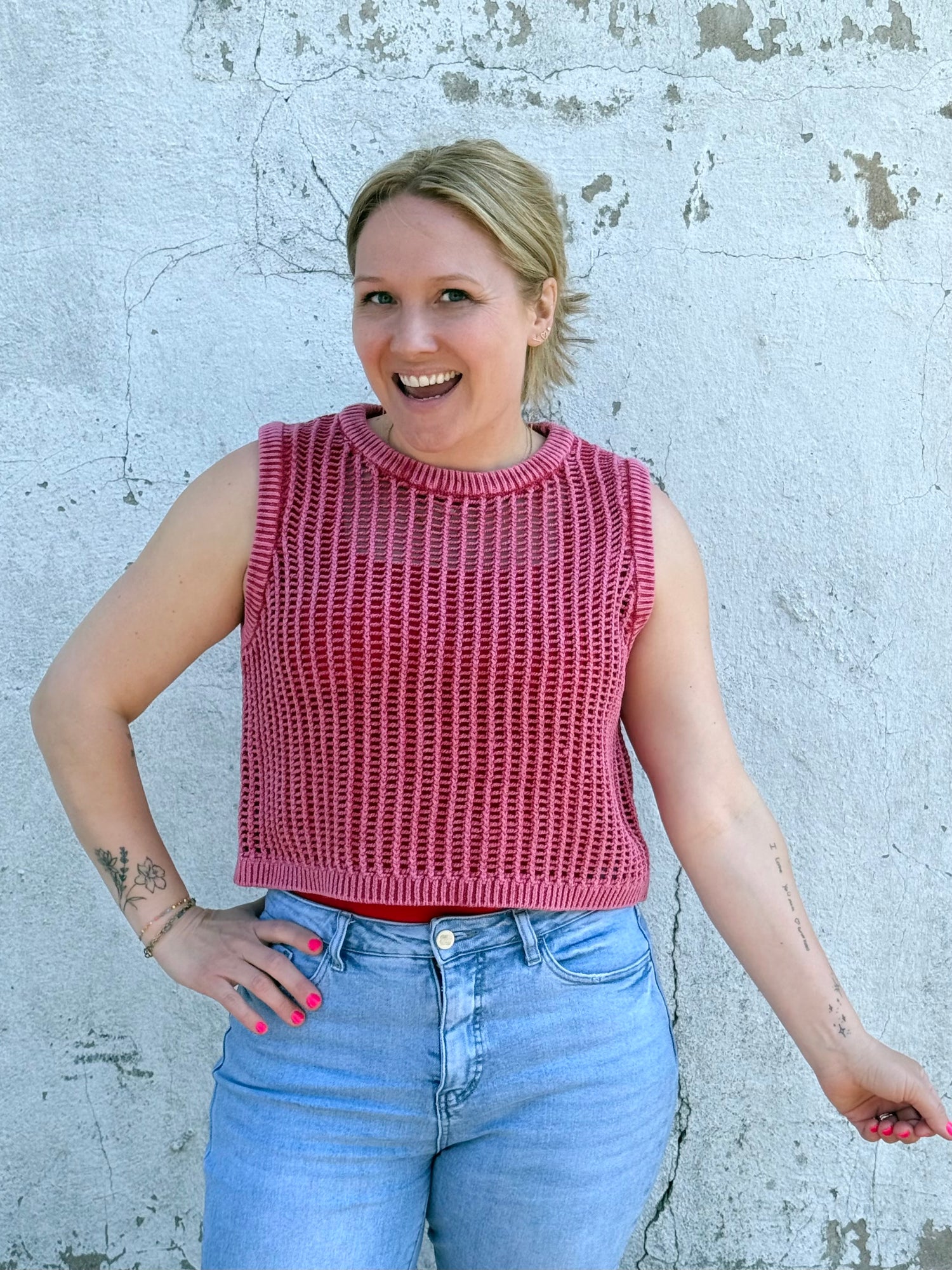 Free Spirit Fishnet Sweater Vest - Red {S-L}